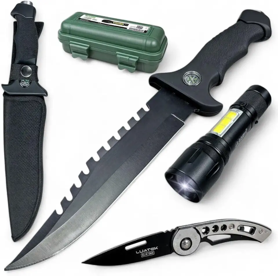Kit Sobrevivencia Completo Com Faca + Canivete + Lanterna Militar Tático Sabre de Luz para aventuras ao ar livre, camping e emergências. Equipamento resistente e funcional para situações extremas