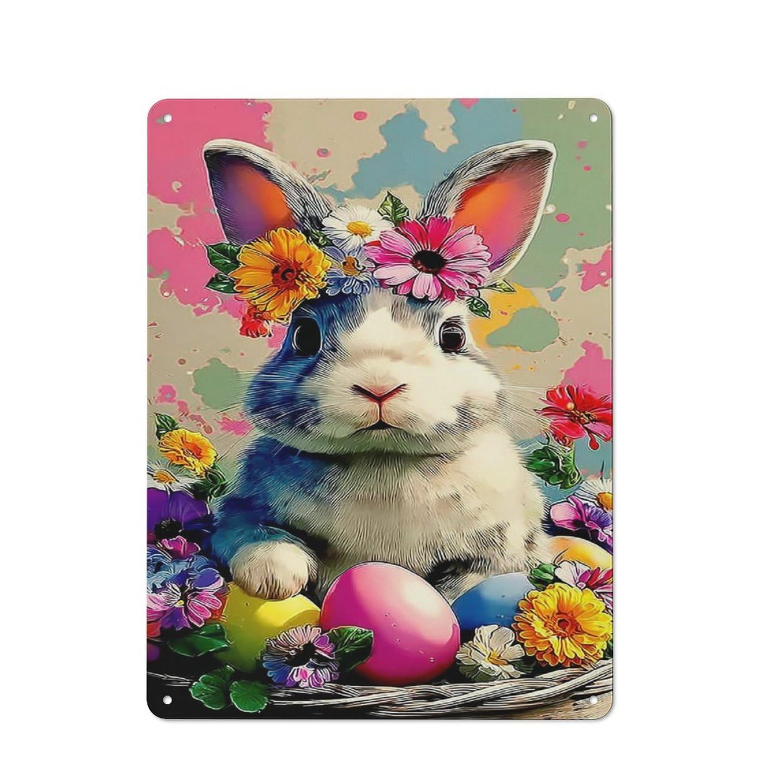 Simple Retro Spring Bunny with Flowers And Eggs Metal Wall Plaque 40x30cm, Creative Space Decor for Office, Study, Studio Or Hallway