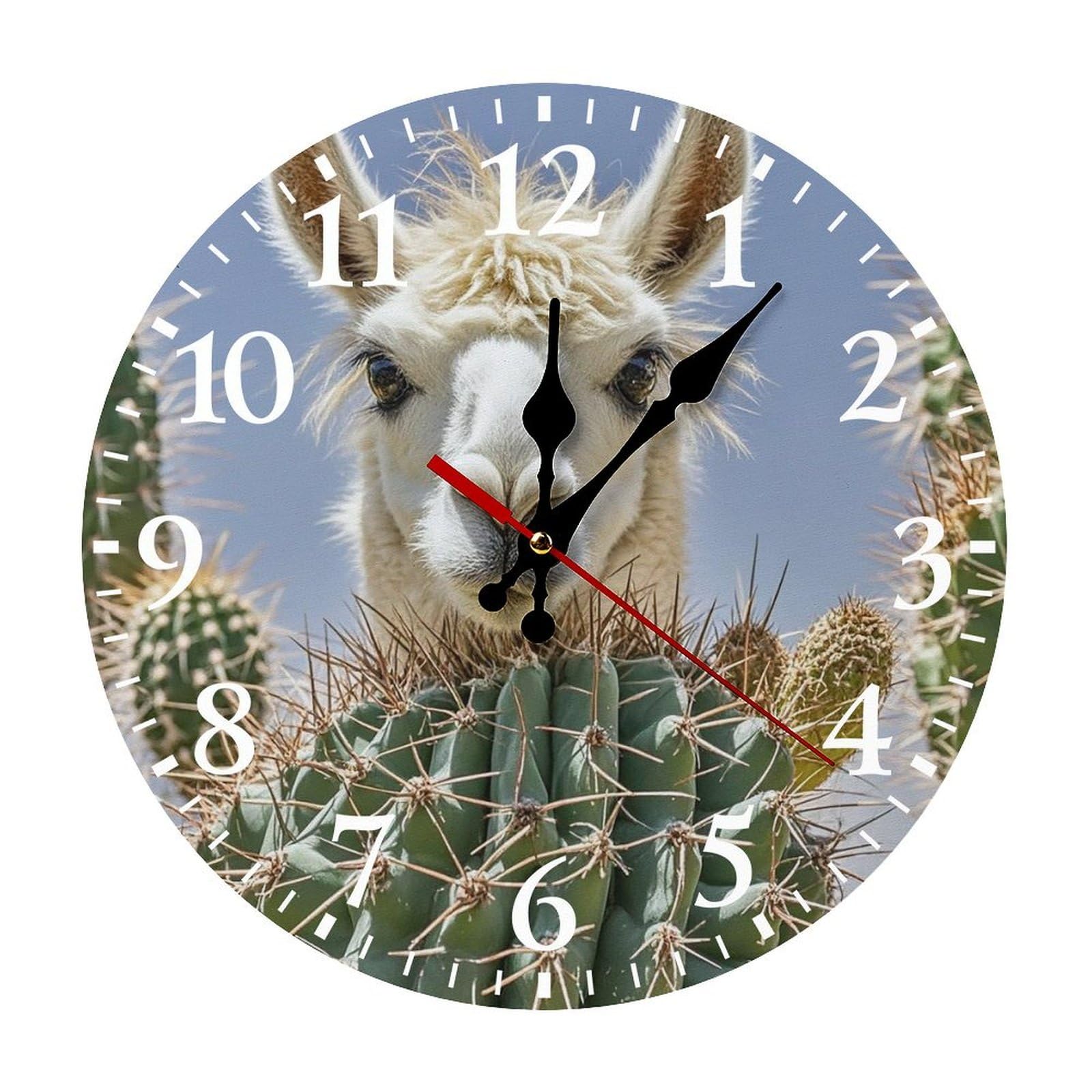 QMNLKH Mexican Llama Cactus Wall Clock for Home, Battery Operated Clock for Hotel, Round Wall Clock with Arabic Numerals White, Easy to Read, Non-Ticking Clocks for Living Room 25 * 25cm