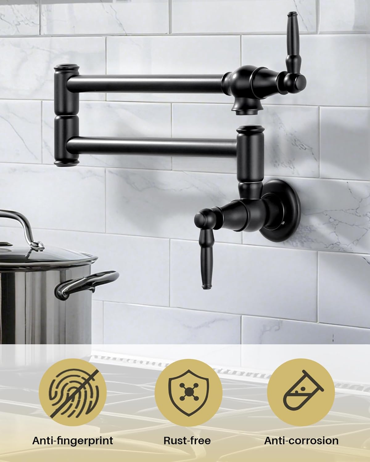 Pot Filler Faucet Matte Black: Solid Brass Wall Mount Heavy Duty Stove Pot Filler with Double Joint Swing Arms - Single Hole Commercial Folding Stretchable Faucet 2 Handles for Kitchen Restaurant
