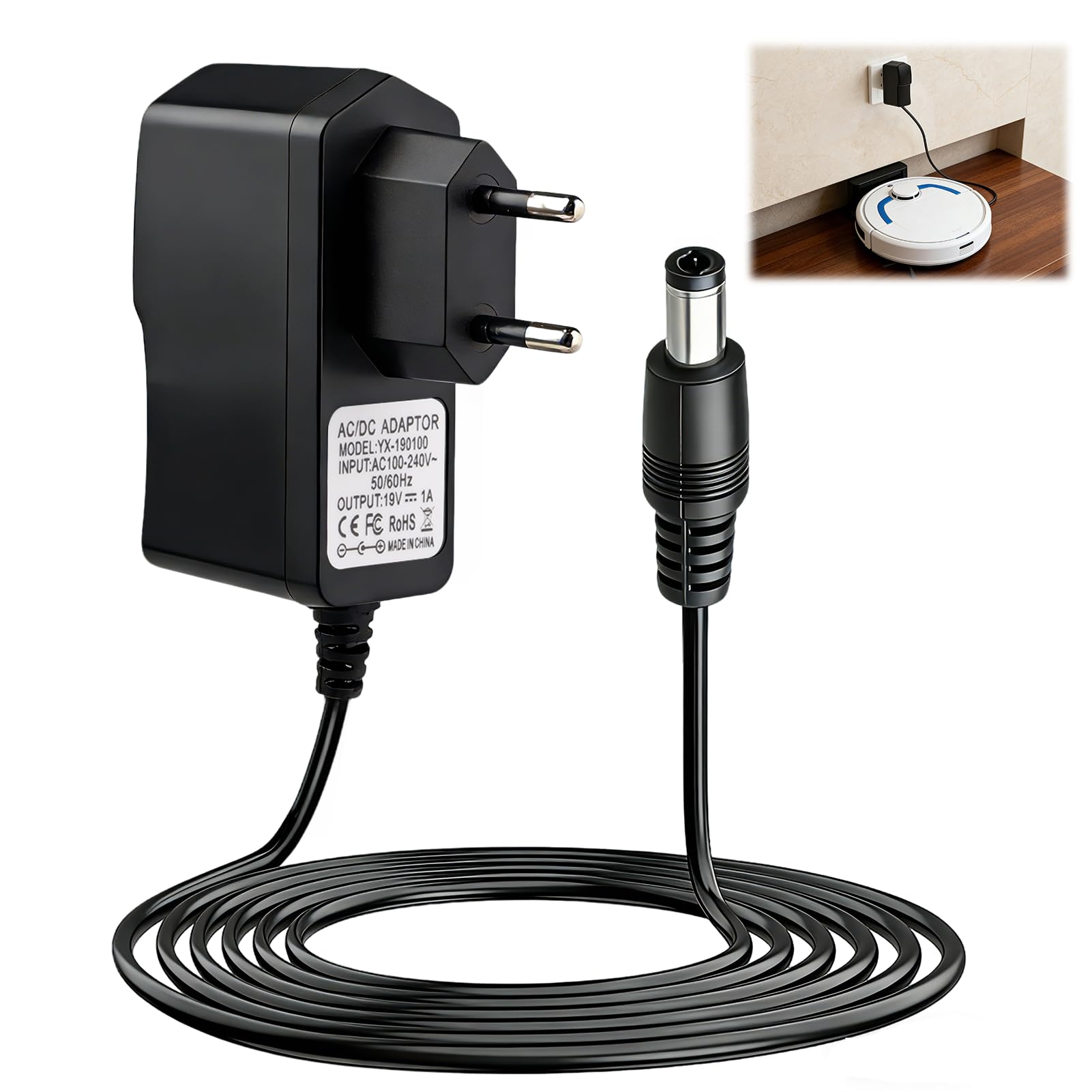 19V 1A Cargador para Conga Cecotec Robot Aspirador Excellence 890 990 750 950 1090 1790 Adaptador con Cable 2M para Aspirador Fuente de Alimentación Friegasuelos Eéctrico — view 7