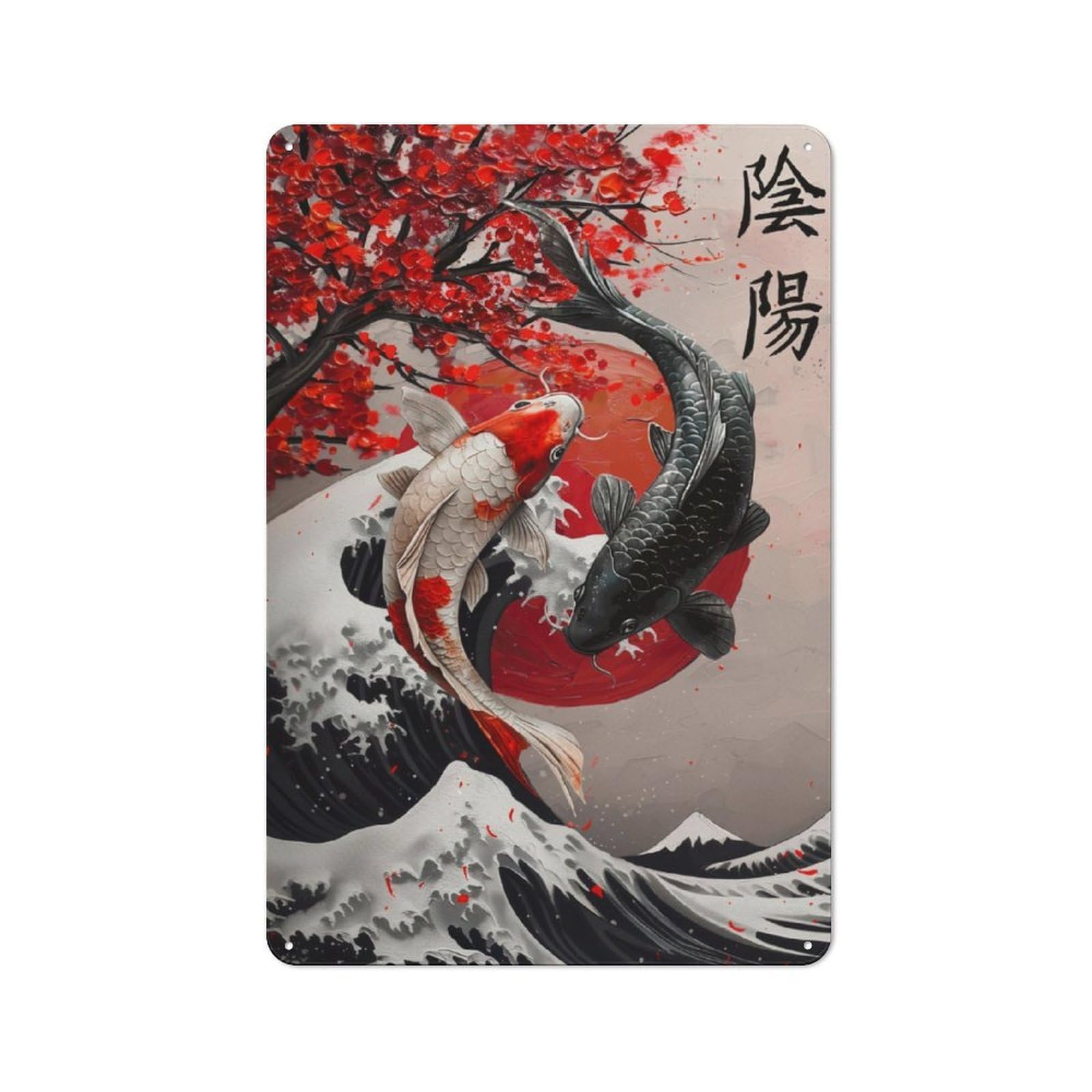 Junmoney Koi Fish Ying And Yang Oil Painting Printed Metal Sign 30X20cm For Bar Or Restaurant, For Kitchen, Dining Room And Home Bar Wall Decor