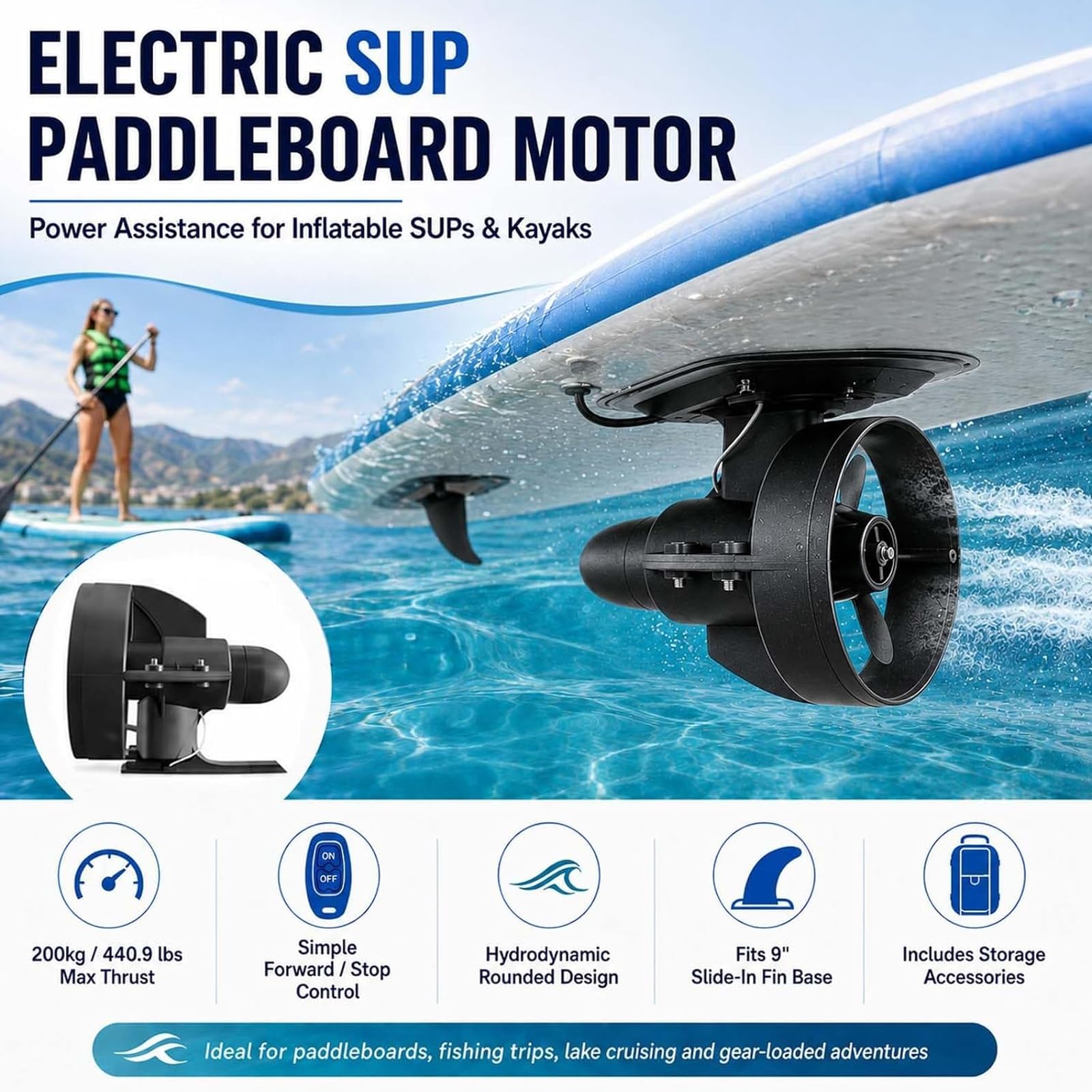 Zestaw elektrycznej płetwy SUP | Elektryczna napędzana płetwa do deski surfingowej | Silnik 216W/288W | Bateria 20Ah | Pasuje do podstawy 9" | Prędkość 3-4km/h / 4-5km/h 288Wh