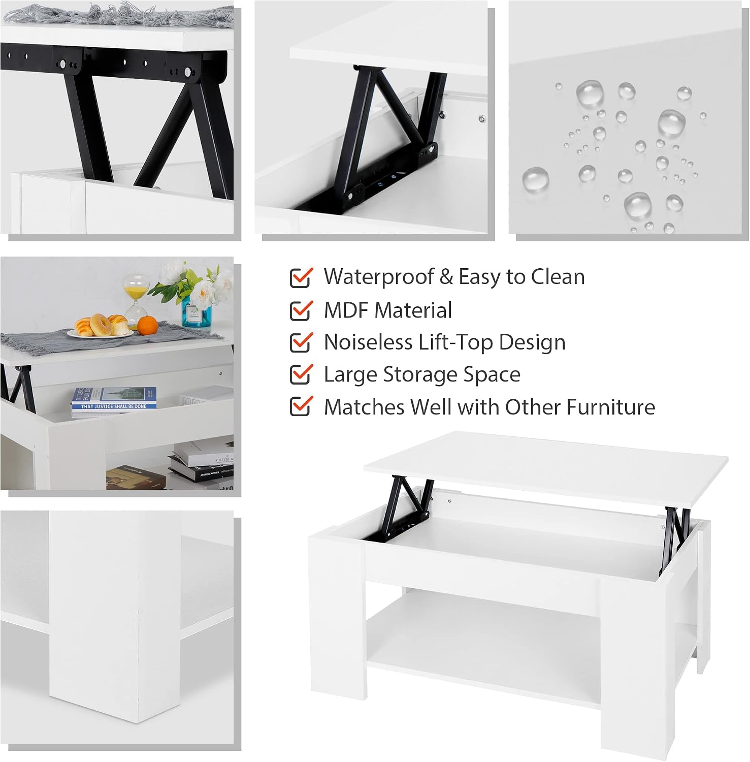 SUPER DEAL Lift Top Coffee Table with Hidden Compartment and Storage Shelf, Large Storage Space Rising Tabletop Dining Table Compact Cocktail Table for Living Room Reception Room, 38.6in L, White