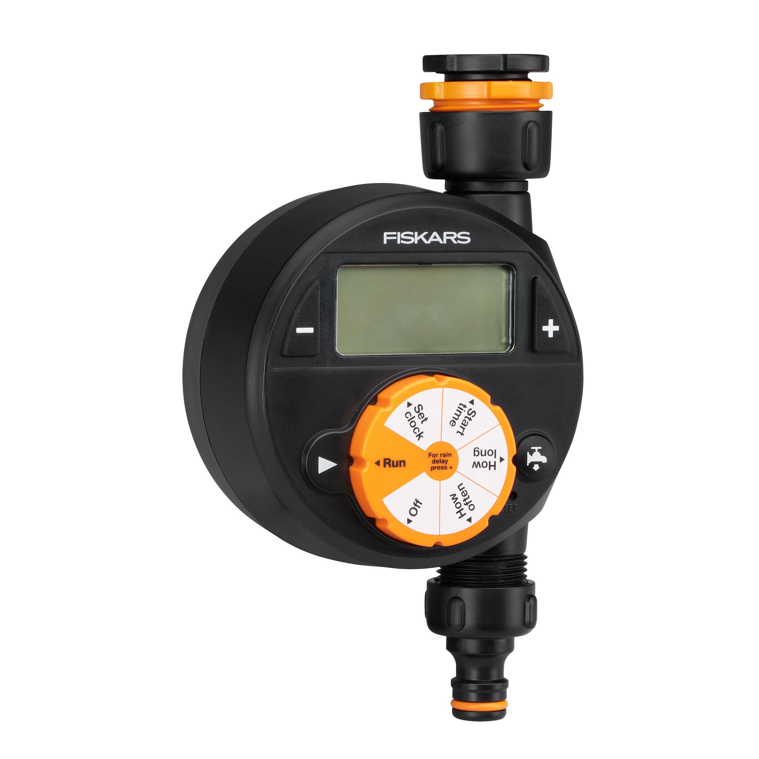 Fiskars Programador/Timer con 1 salida, Para todos los tamaños de grifo habituales, Pantalla LCD de fácil lectura, Tamaño universal, 380 g, Negro/Naranja, 1054791