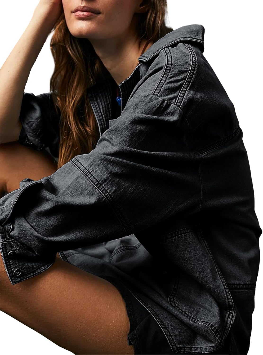 Fazortev Women's Denim Pullover Casual Button V Neck Blouse Loose Fit Long Sleeve Jean Jacket With Pocket - Image 3