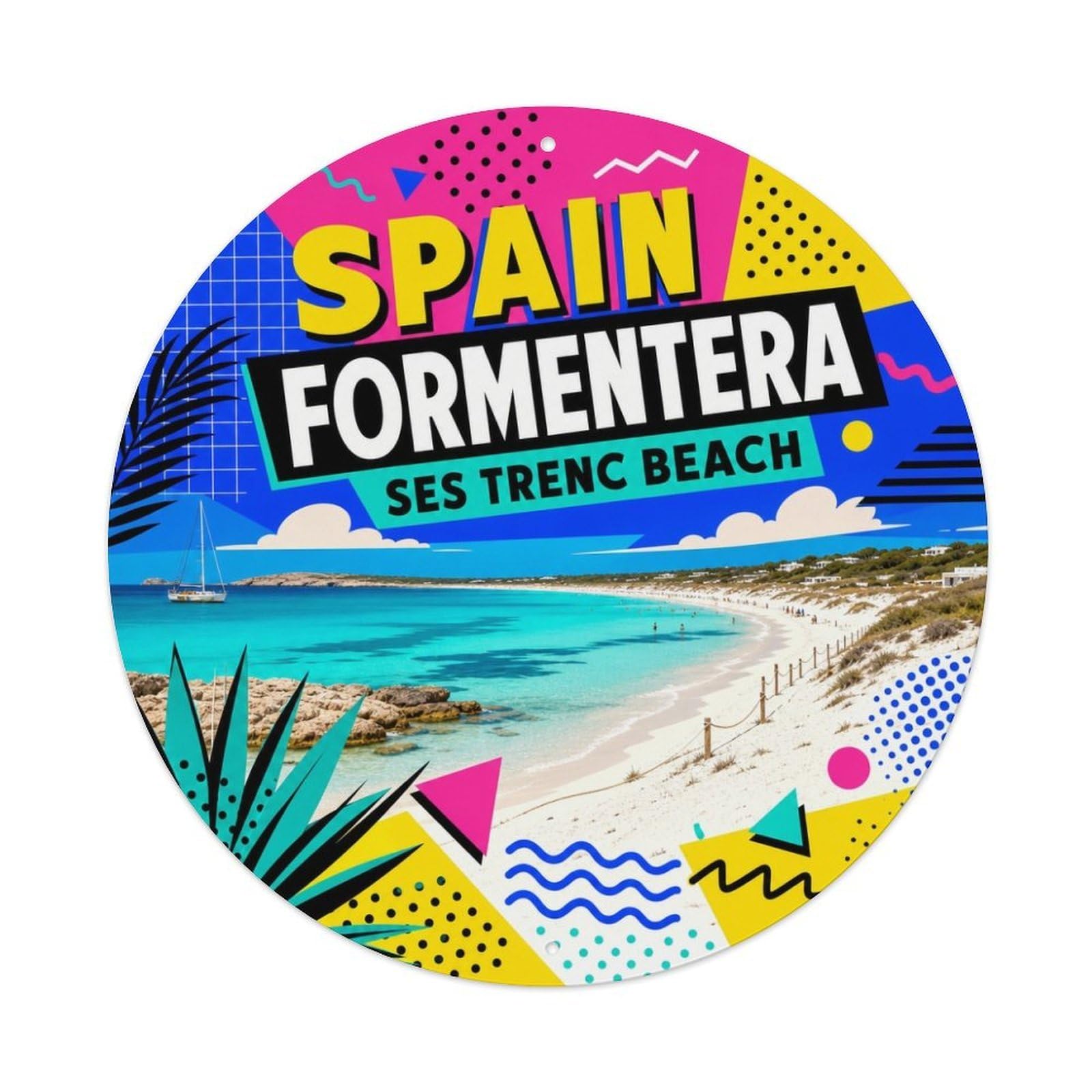 Spain Formentera Ses Trenc Bold Geometry Island Travel Metal Tin Sign Plaque Wall Decor for Cafe, Man Cave, Club Bar, Office, Home Garden Round Metal Poster 8x8Inch