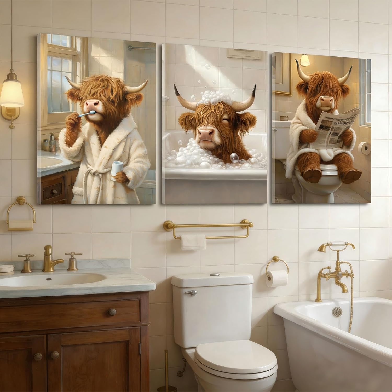 3Pcs Funny Bathroom Highland Cow Canvas Wall Art Animal Bathroom Paintings Pictures Wall Decor Rustic Farmhouse Brown Cute Cow Poster Printing Artwork for Restroom Toilet Home Decoration