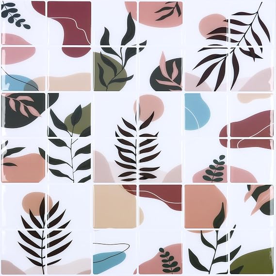 CHIHUT 12''x12'' Boho Botanical Leaf Peel and Stick Backsplash Tiles Decorative Renter Friendly Backsplash for Kitchen Bathroom Shower Walls 16 Sheets Self Adhesive Waterproof Removable Wall Tiles