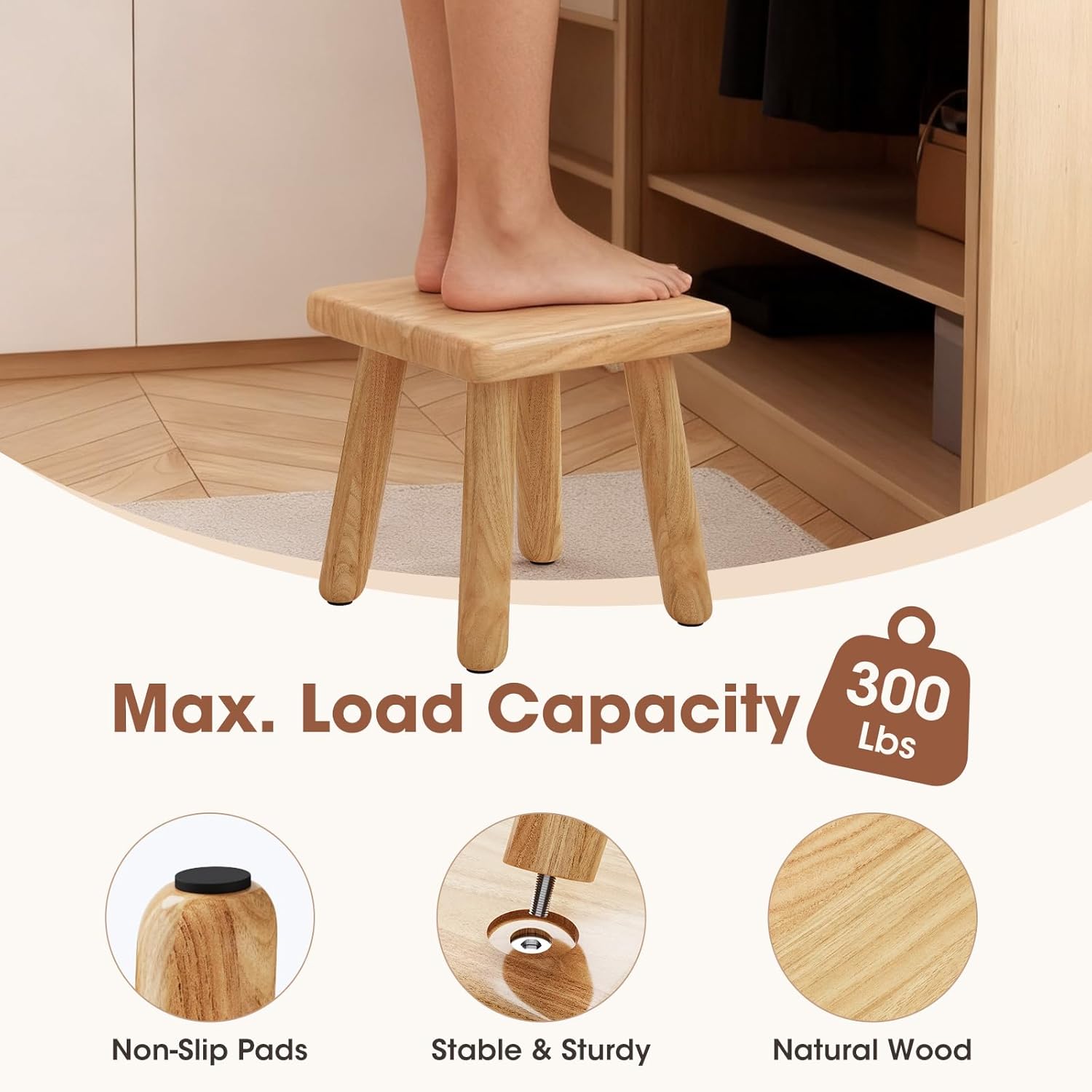9 Inch Small Wooden Step Stool, multi-functional footstool, shoe changing stool, indoor plant stand, portable and sturdy, suitable for living room, kitchen, bedroom, bathroom (Natural wood color)