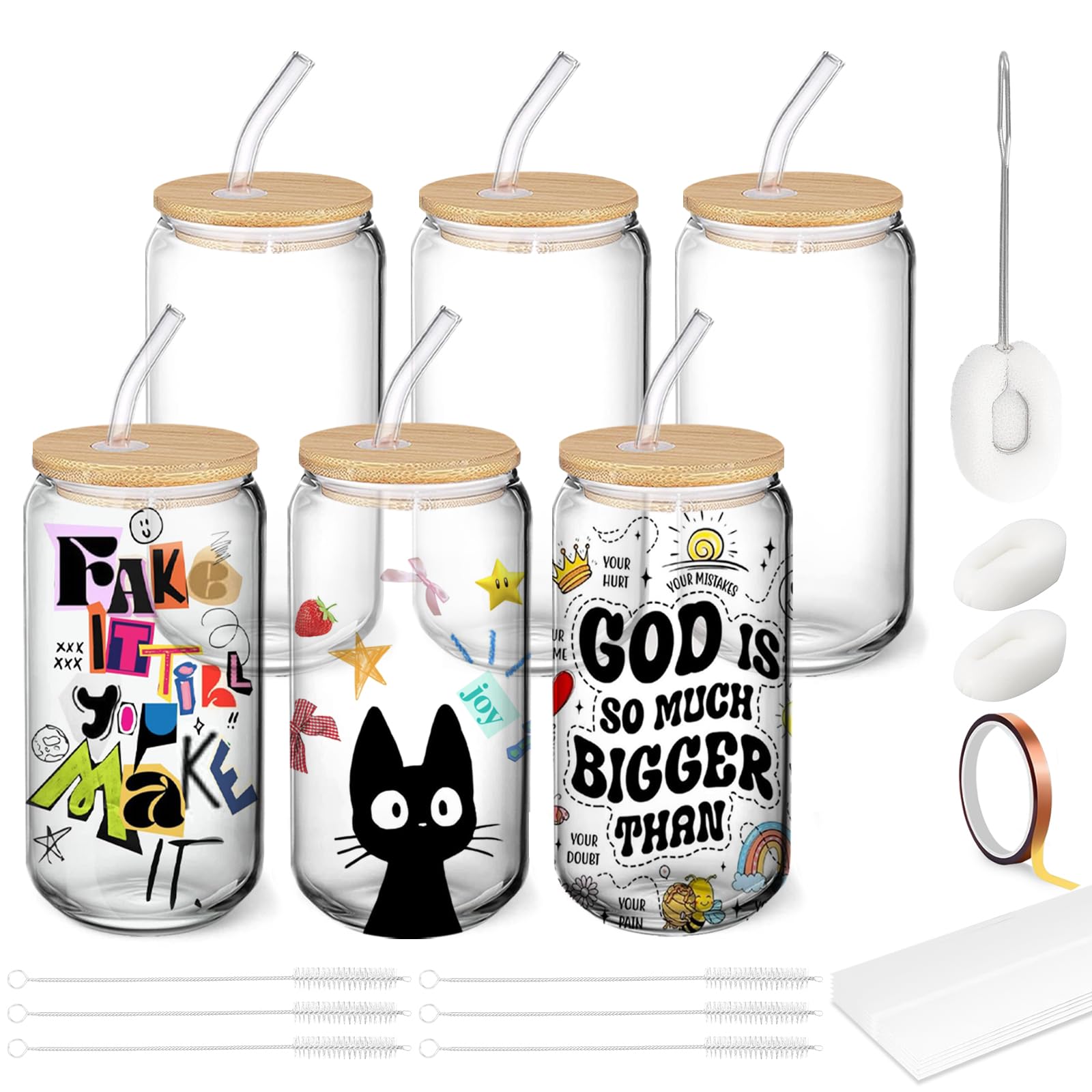 Cafultgo Sublimation Mugs 16OZ Tumbler with Straw and Lid 6 Pack Tumbler Cup Clear Glass Mason Jar Tumbler Cups Mugs with Glass Straw for Beer, Iced Coffee, Juice, Soda, Drinks — image 1