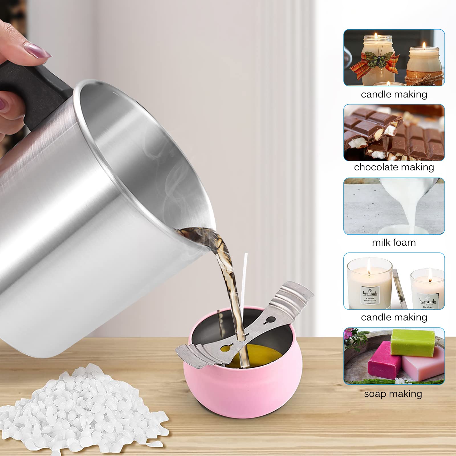 Wowlela Pentola per la produzione di candele, pentola per cera da 1,2 litri con manico resistente al calore, brocca per la produzione di candele in alluminio, forniture per la produzione di candele