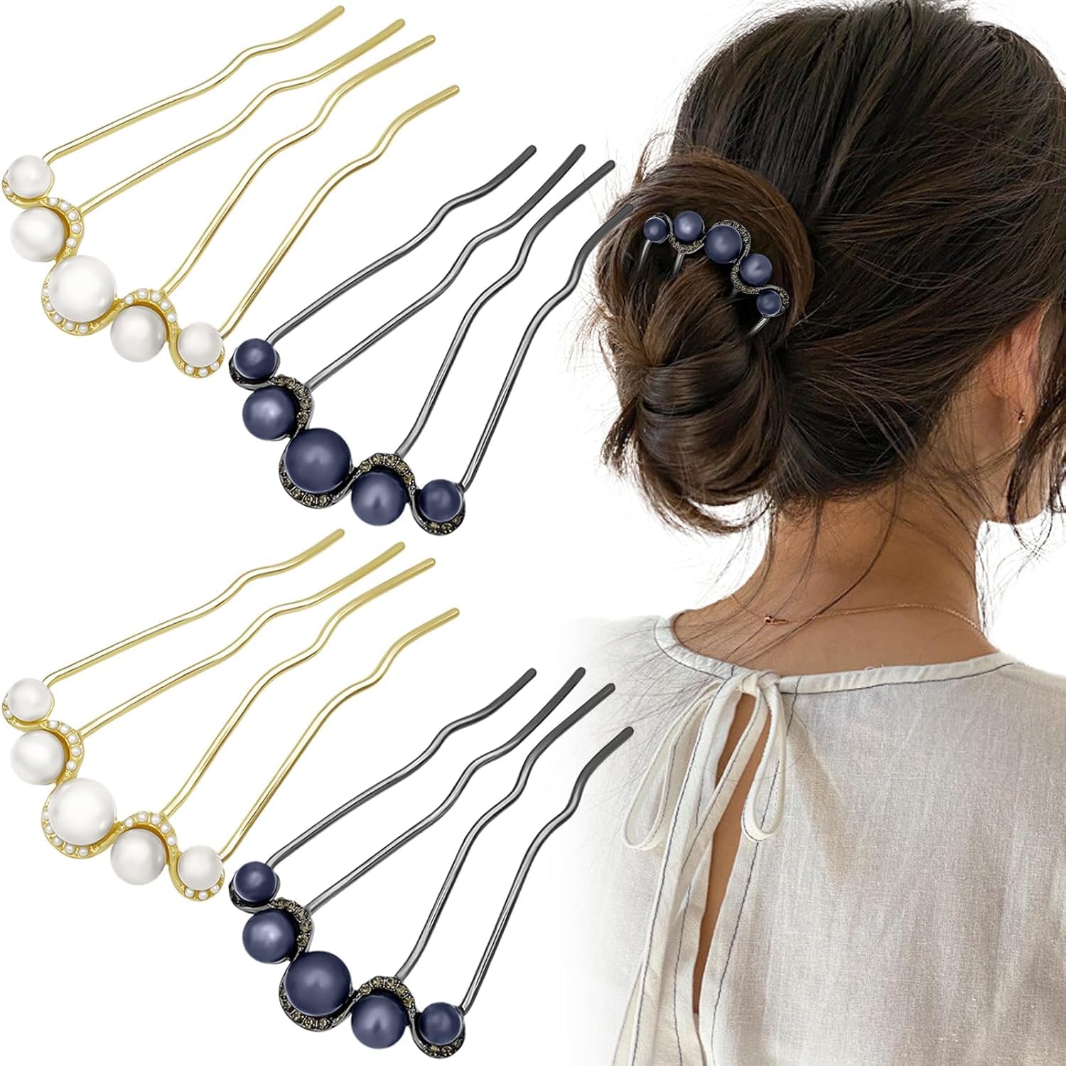 Miss Lirenn® Pearl Hair Comb Pins Set, 5.3 cm Length, Navy Blue and White with Rhinestones, (Multicolor-Pack of 4)