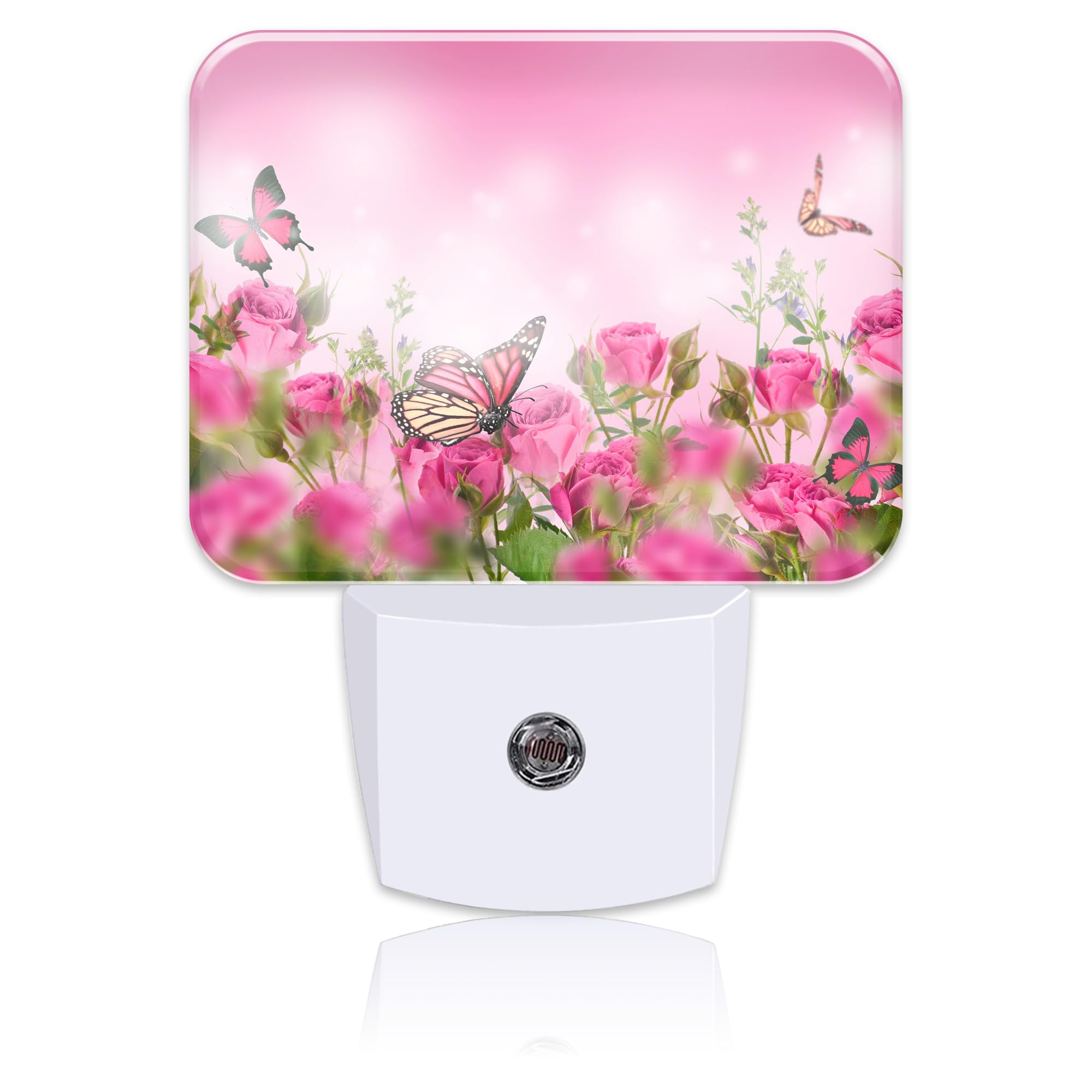Beautiful Pink Roses Plug in Night Lights, Pink Butterfly Nightlight Plug Into Wall Dusk to Dawn Sensor for Kid Girls Boys Women Men Room, Hallway, Kitchen, Bathroom, Stairs Decor