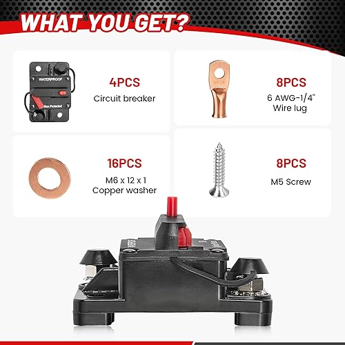 Miniatura 6 de RED WOLF Paquete de 4 interruptores de 200 amperios de reinicio manual para sistemas de energía solar estéreo de automóvil, ATV, motor de arrastre,