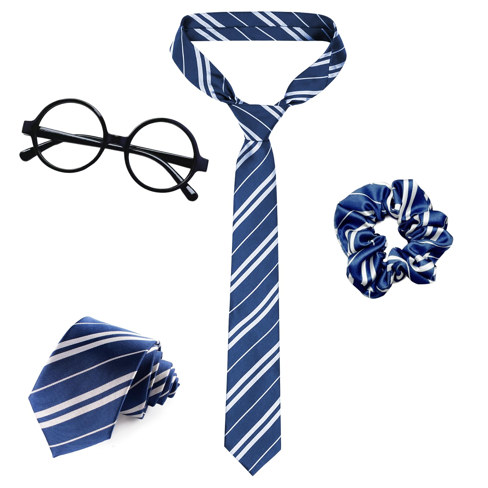 YAEGIMHT 4Pcs Wizard Costume Accessories Set – Blue Stripe Tie, Blue Hairband, Wizard Wand & Glasses, World Book Day Fancy Dress, Magic Costume, Wizard Cosplay Outfit, Kids & Adults Party Dress Up