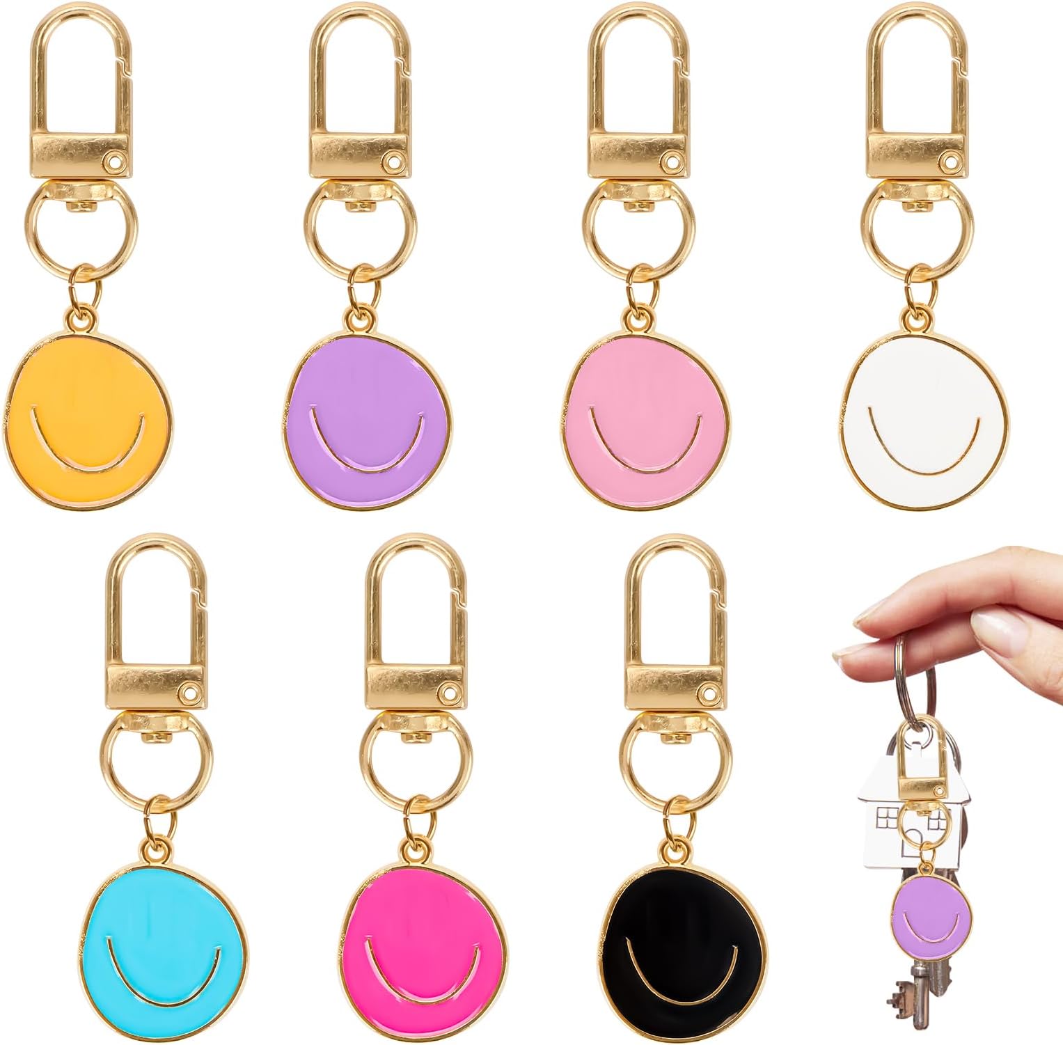 35 Pieces Smiling Face Key Chains 7 Colours Enamel Expression Key Ring Set Gold Alloy Key Ring with Smiling Pendant for Cute Handbags - Large