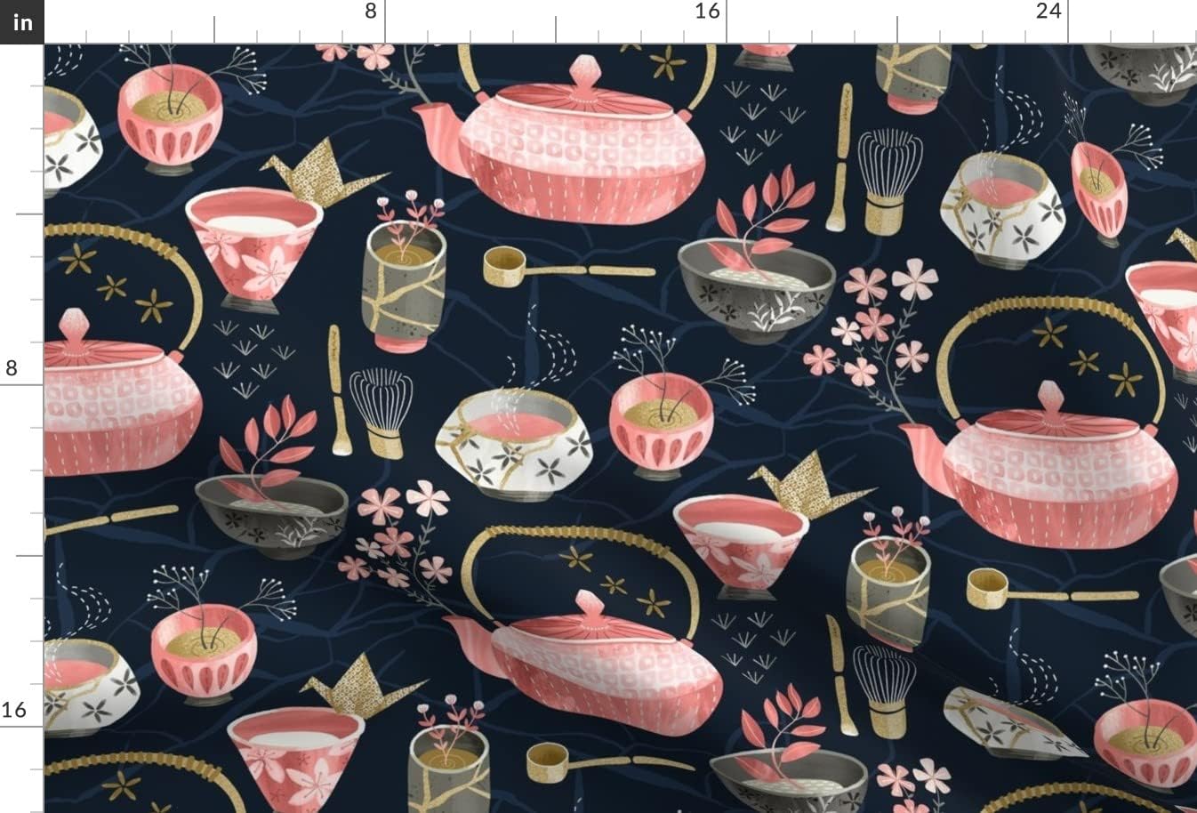 Spoonflower Fabric - Japan Japanese Tea Cup Kitchen Dream Origami Teapot Kettle Chawan Printed on Upholstery Velvet Fabric Fat Quarter - Upholstery Home Decor Bottomweight Apparel