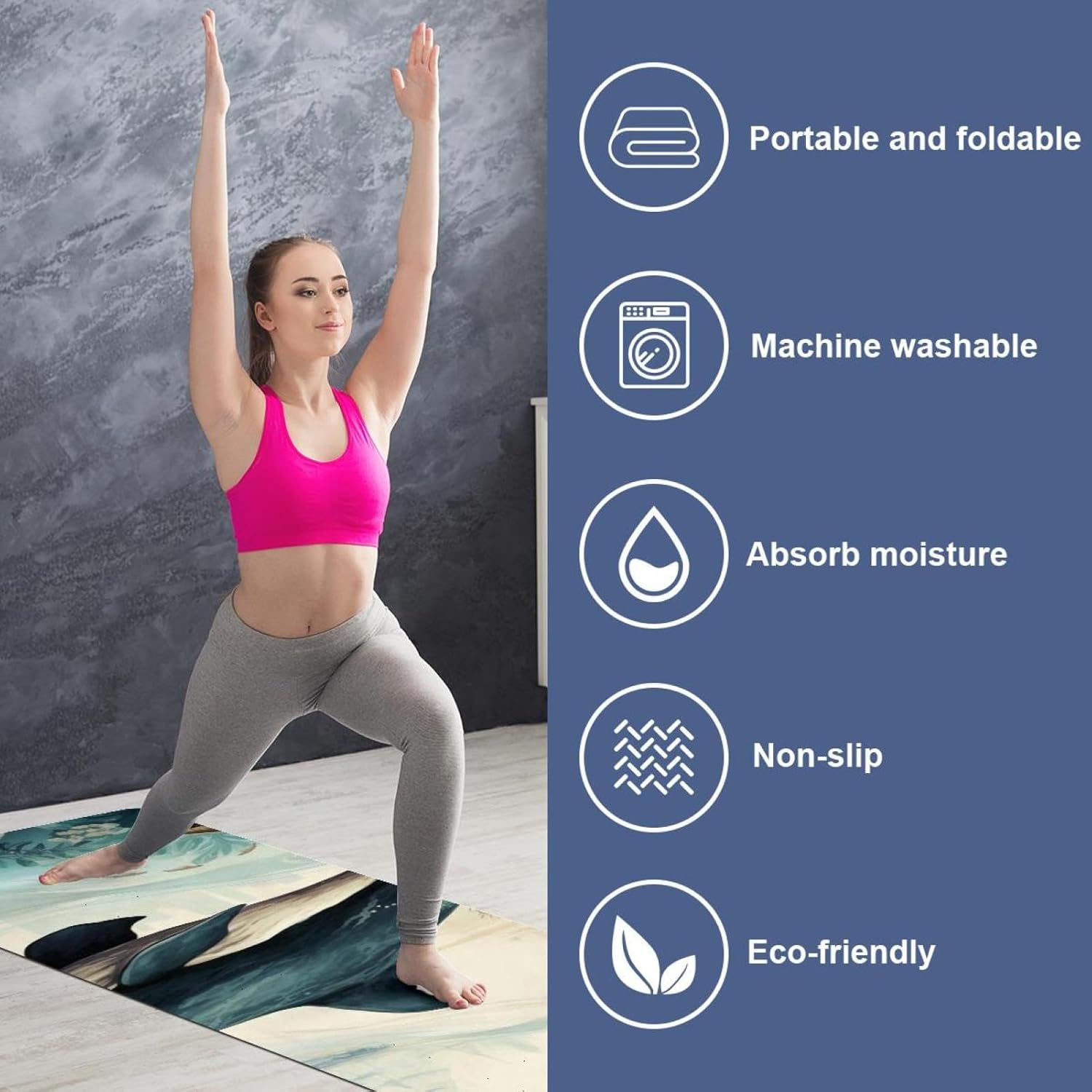 Yoga Towel, Whale Sea Pattern Non Slip Sweat Absorbent Hot Yoga Mat Towel for Hot Yoga, Pilates and Fitness - 72.8" x 26.8"