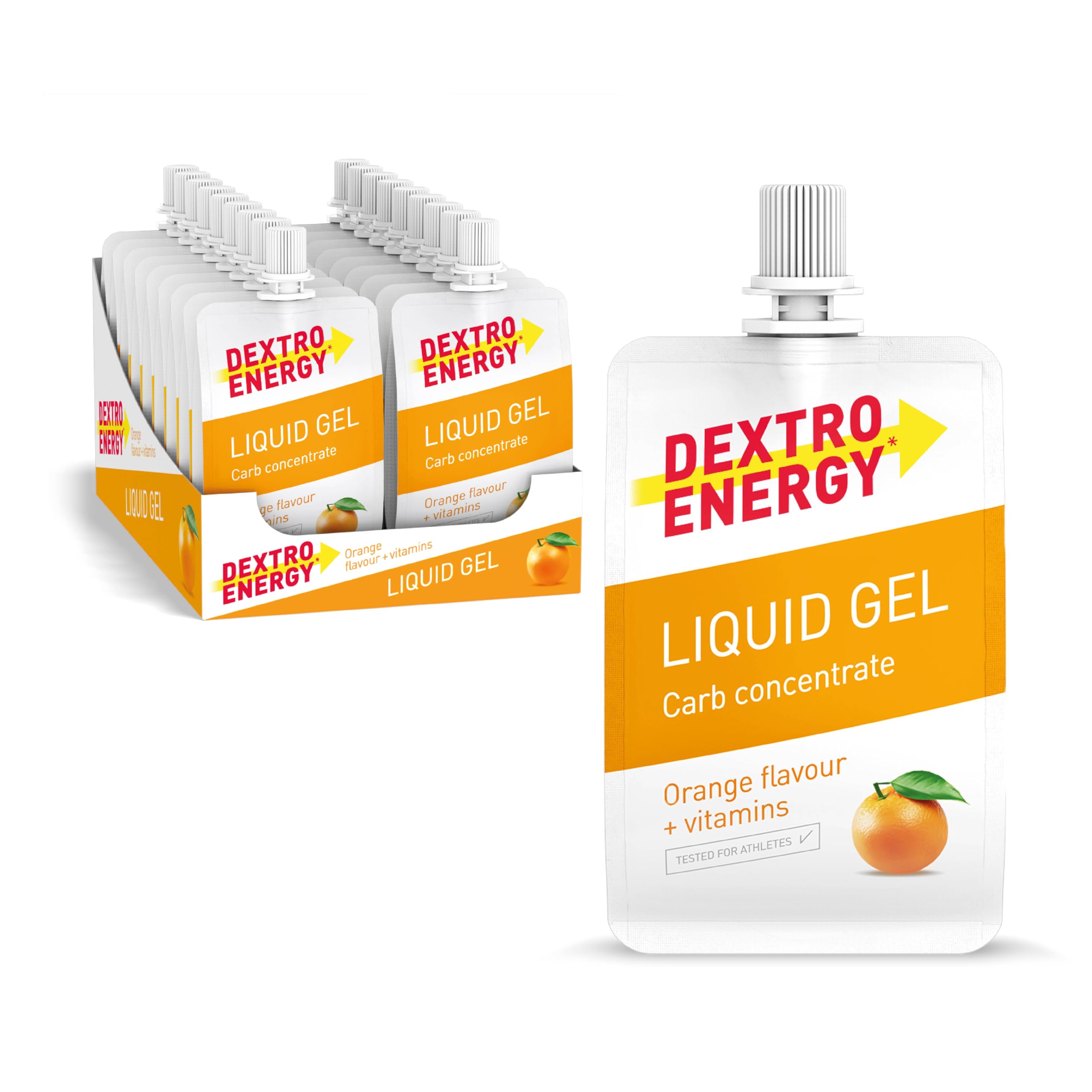 Dextro Energy Liquid Gel Orange + Vitamins - 18x60ml (18er Pack) - High Carb Energy Gel zur schnellen Kohlenhydrate Versorgung und Vitaminen