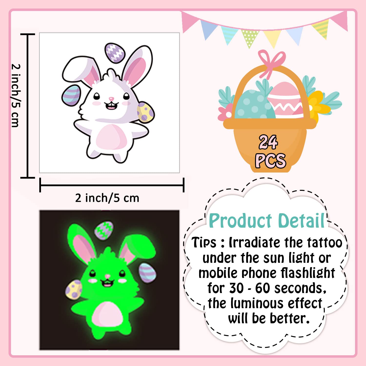 24 Tatuaggi Luminosi Per Pasqua - Adesivi Decorativi Per Bambini - Foto 10