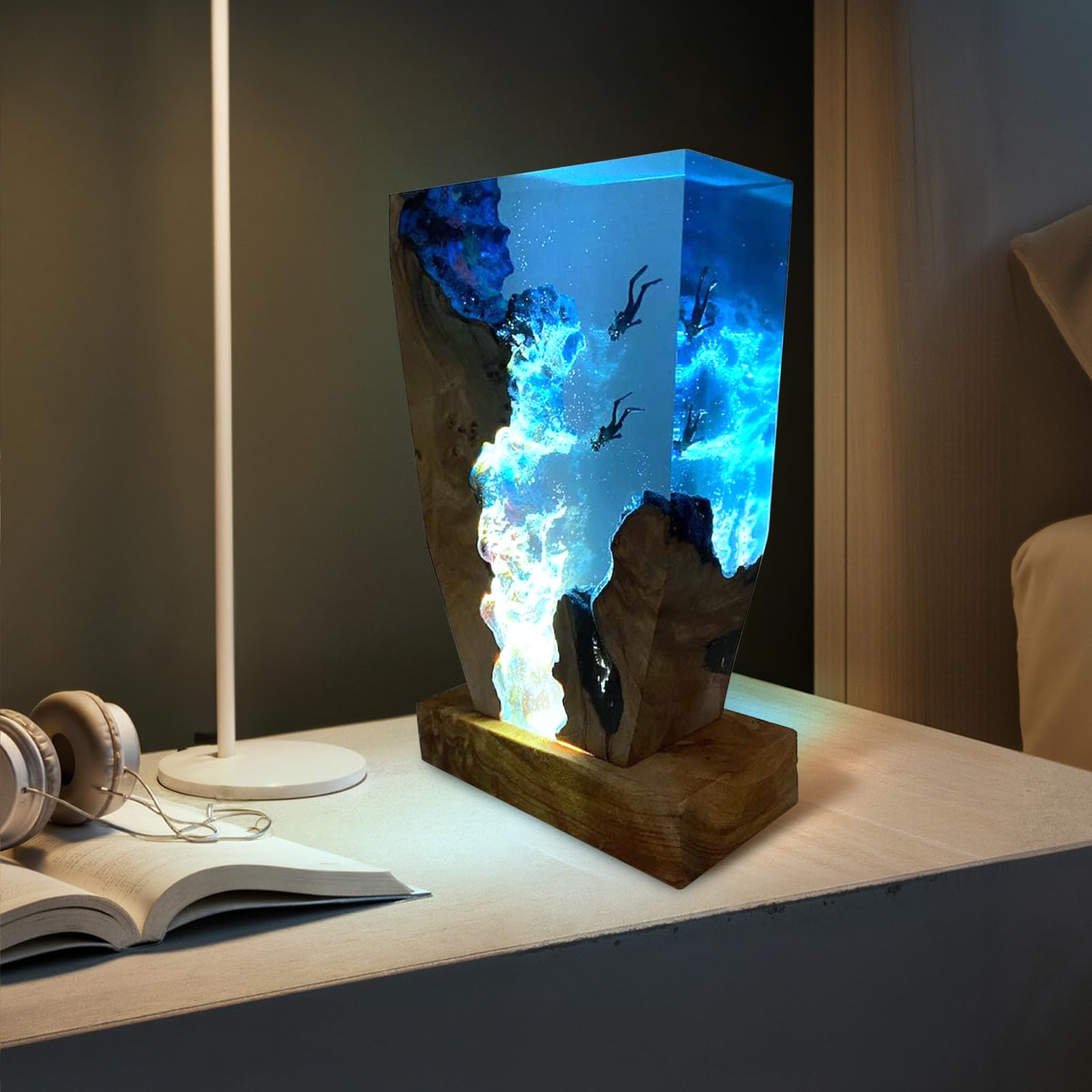 Lámpara de resina oceánica 3D, lámpara de mesa hecha a mano de madera y resina, objetos de arte con conexión USB para decoración del hogar y la oficina, idea de regalo para buzos para cumpleaños o