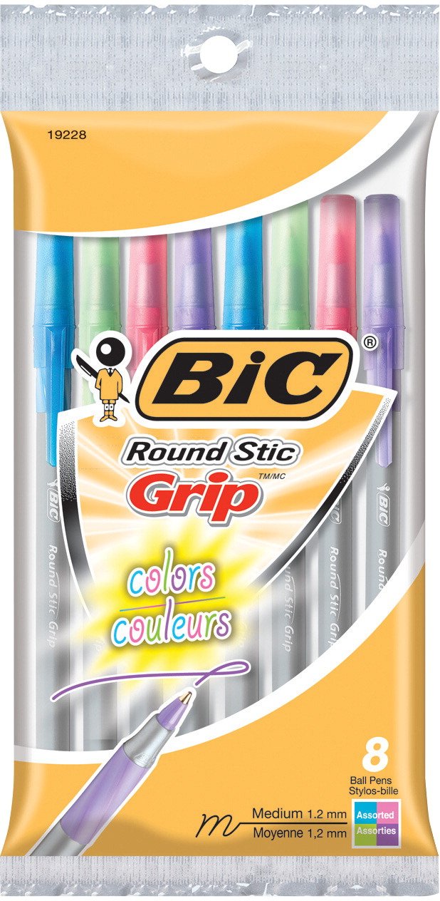 Bic GSMAGP81-AST Round Stic Grip Assorted Colors 8 Count