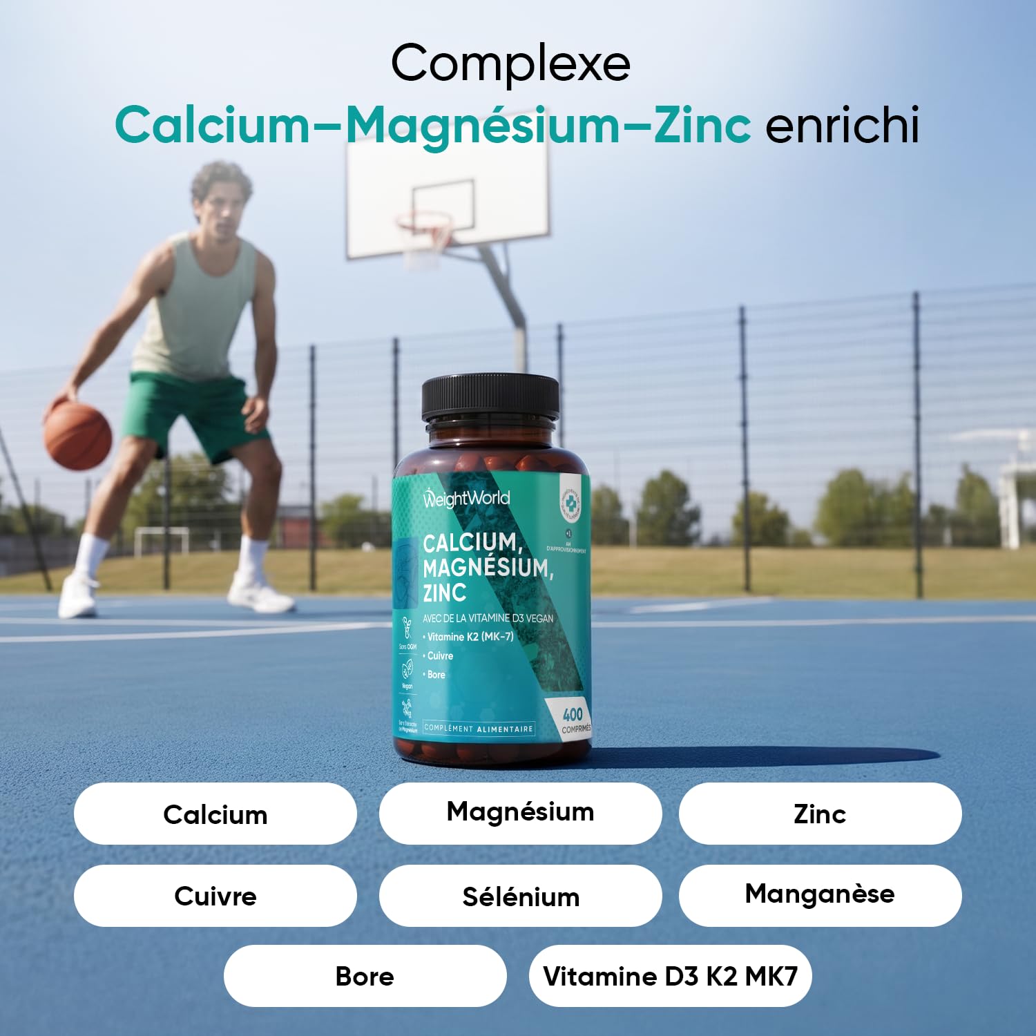Calcium Magnésium Zinc Vitamine D3 K2 MK7, 400 Comprimés Vegan (+ 1 An)