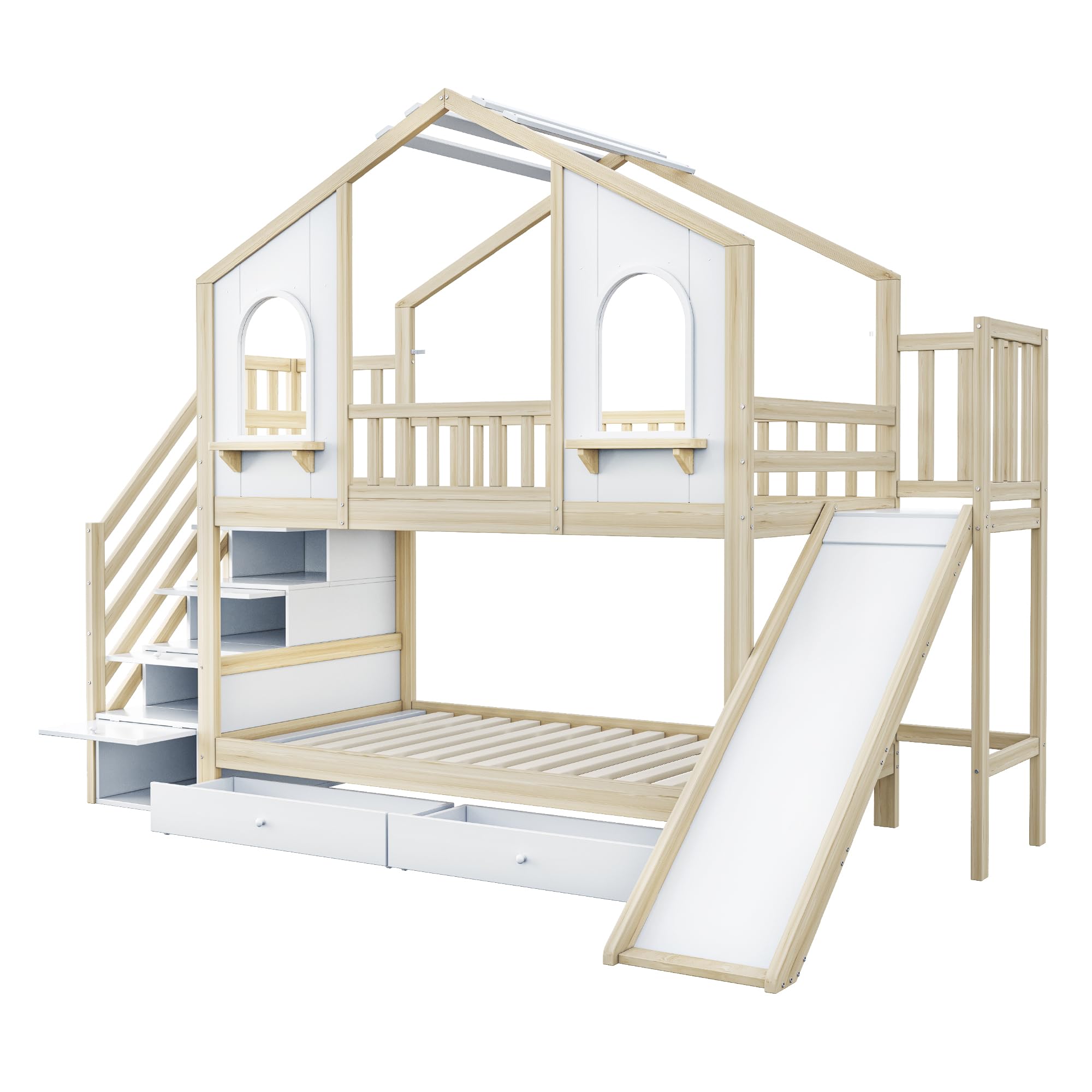 Dolamaní Kinderbett Hausbett 90x200 cm, Hochbett mit Treppe und Rutsche, Etagenbett 2 Betten mit Lattenrost & Stauraum, 2 Schubladen, Kiefer Holz, Bettgestell Holzbett, ohne Matratze (Natur + Weiß)