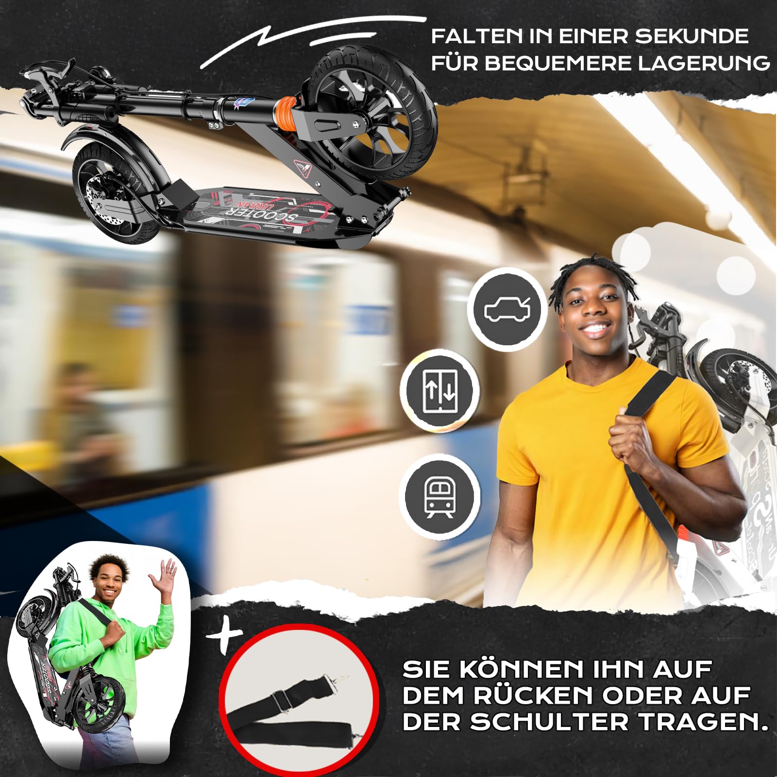 Cityroller Roller für Erwachsene bis 150kg Verstellbar Scooter Robuste Konstruktion 230mm Räder Stoßdämpfende ShockResist-Technologie Hinterradbremse rutschfest ABEC 9