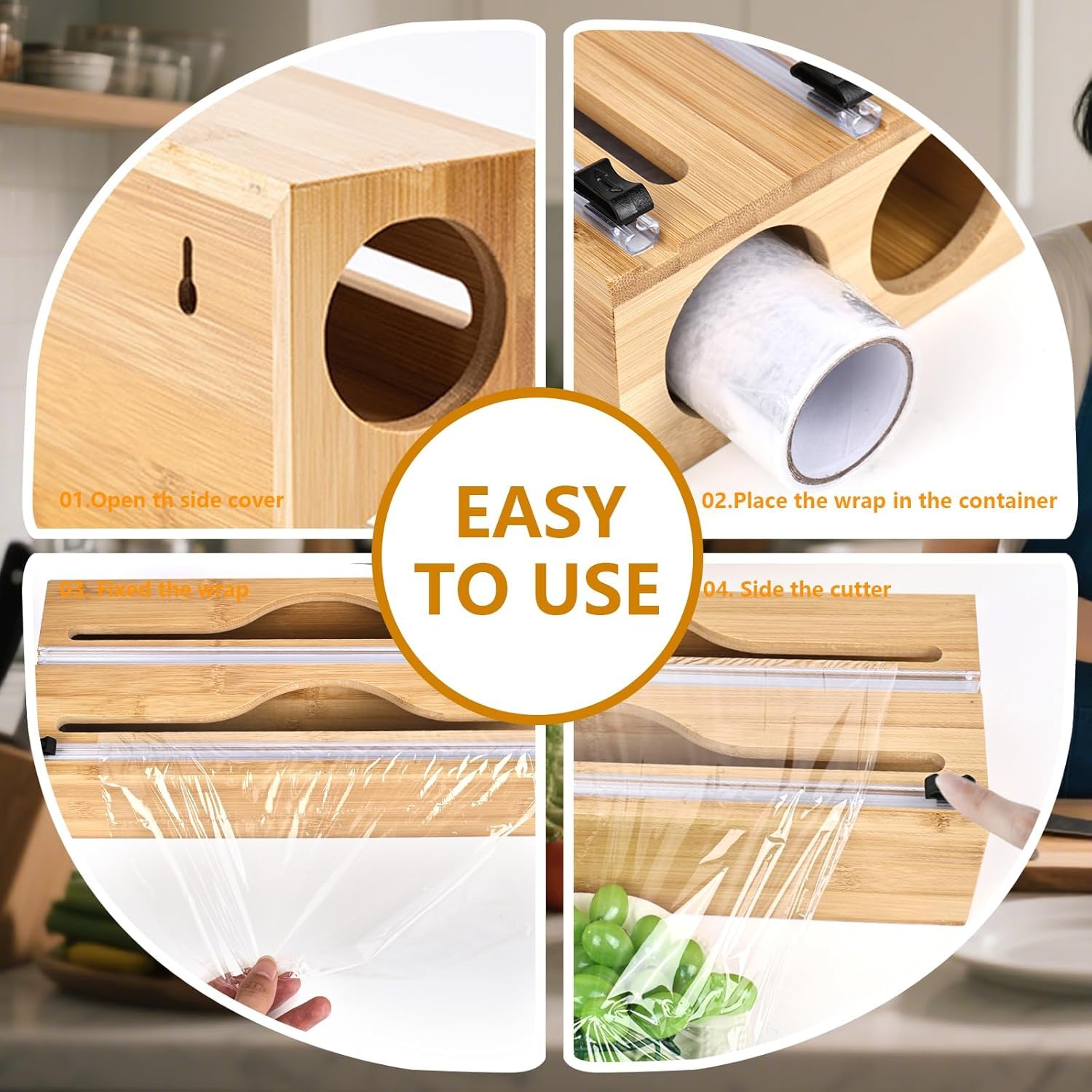 Derouleur Film Alimentaire en Bambou, Distributeur Papier Aluminium et Film avec Cutter Coulissant, Distributeur Film Alimentaire Compatible avec rouleaux de 30cm, Organisateur Tiroir Cuisine Efficace