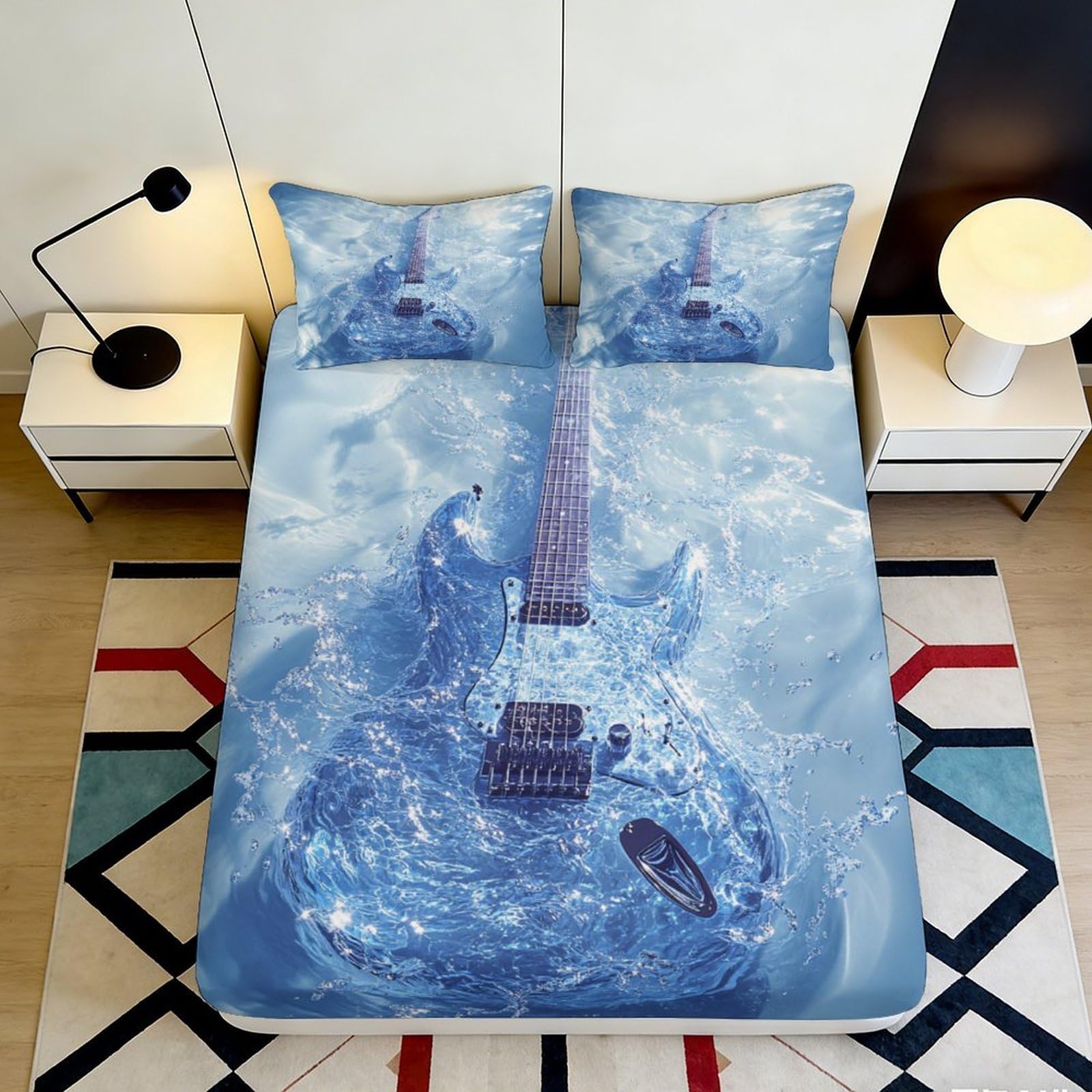 Jqzkxnhpbr Style-5 3D Printed Blue Water Guitar Fitted Sheet Microfiber Soft Decorative Artistic Bed Cover For Bedroom Dorm Room 90X200x25cm