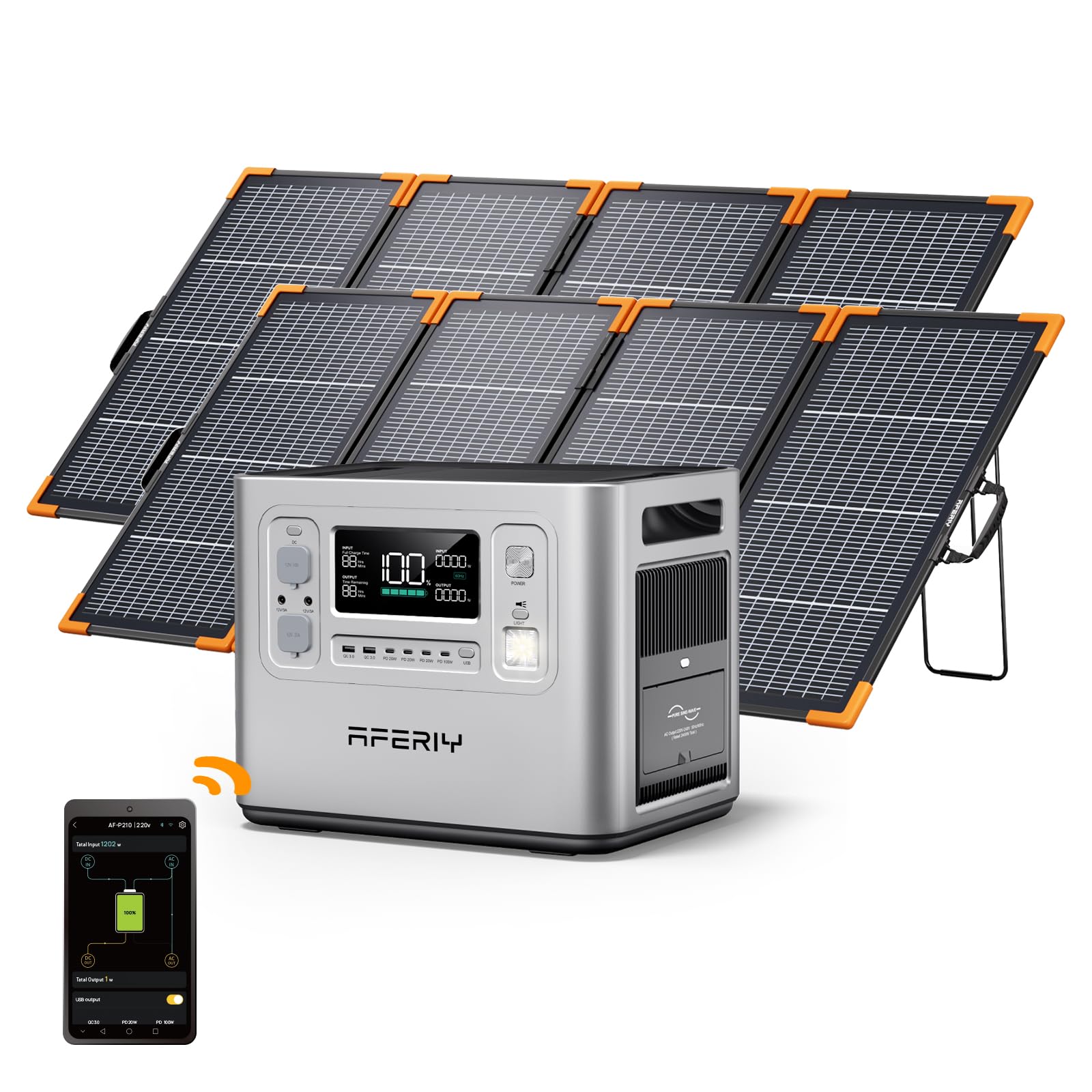 AFERIY 2400W 2048Wh Générateur Électrique Solaire avec 2x200W Panneau Solaire Pliable à Cadre en Aluminium, UPS, BMS, Station Électrique Portable pour Camping-Car/Hors Réseau/Panne de Courant, Argent