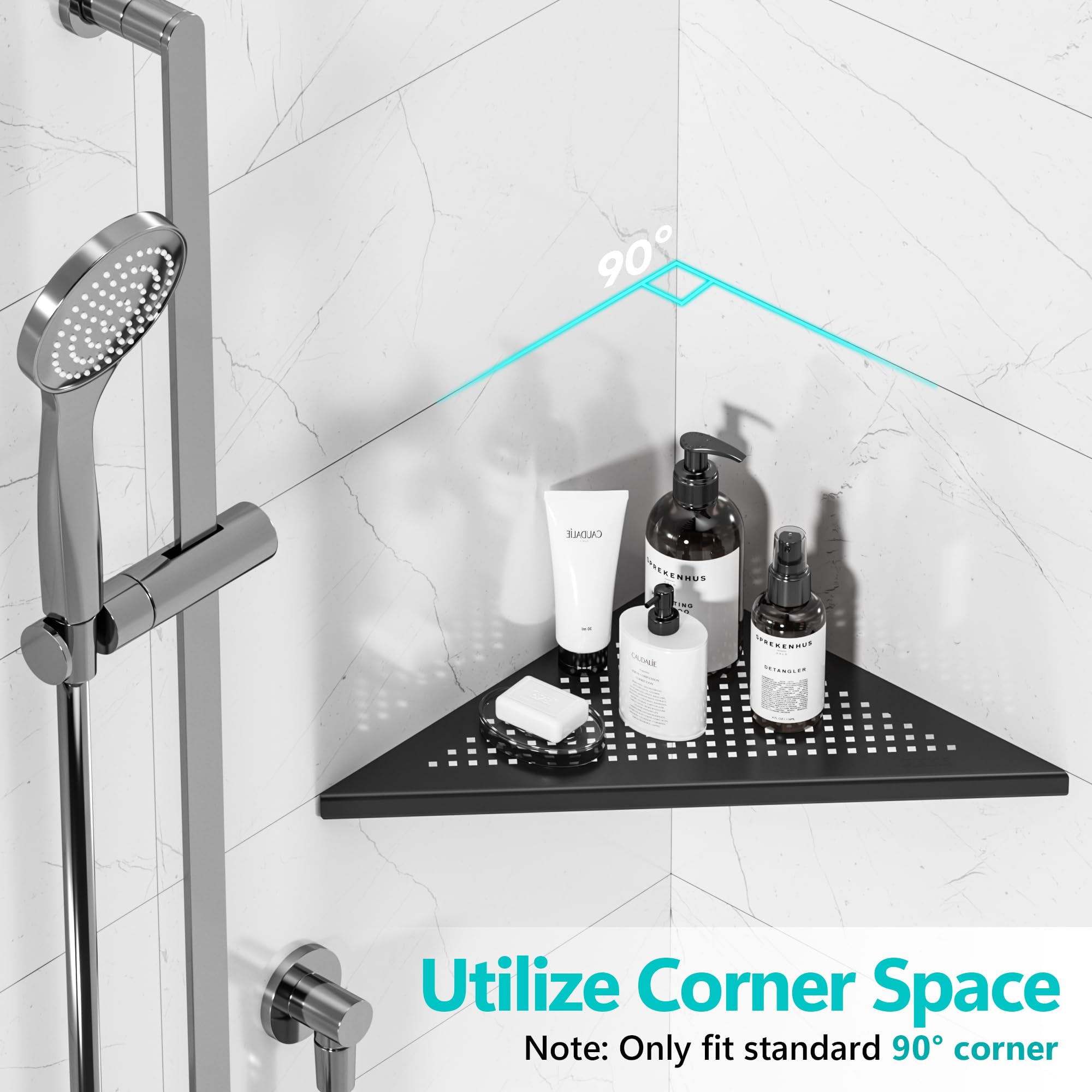 Qeke 2 unidades de estantería esquinera para baño, 30,5 cm, estantería de ducha Caddy SUS304 de acero inoxidable, soporte de pared, triangular, sin agujeros, color negro mate