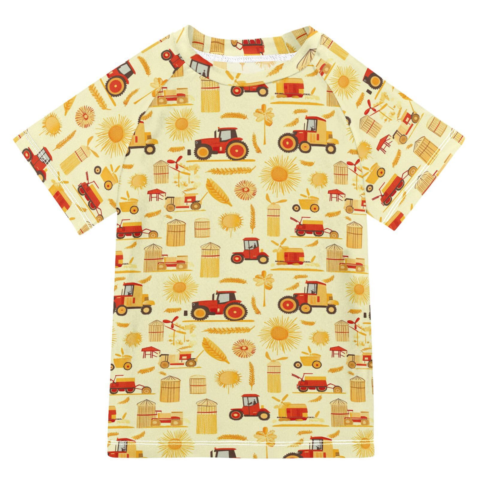 KLL Boy Bathing Suit Short Sleeve Girls Swimsuit 11T Combine Harvester Tractor and Granary