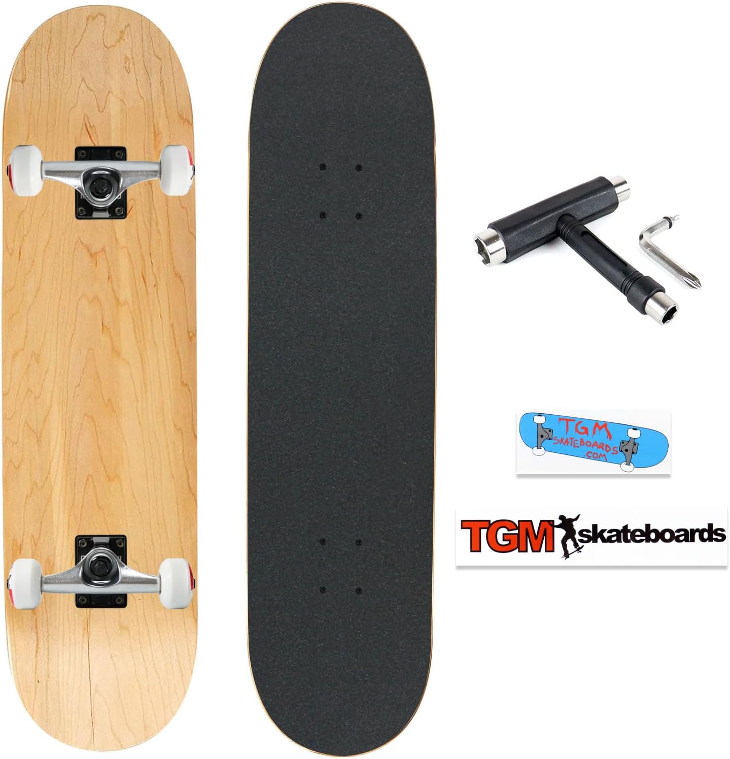 TGM Skateboard Complete - Premium 7-Ply Maple Construction - Natural 7.5" - Fully Assembled Skateboard with Skate T-Tool and Stickers