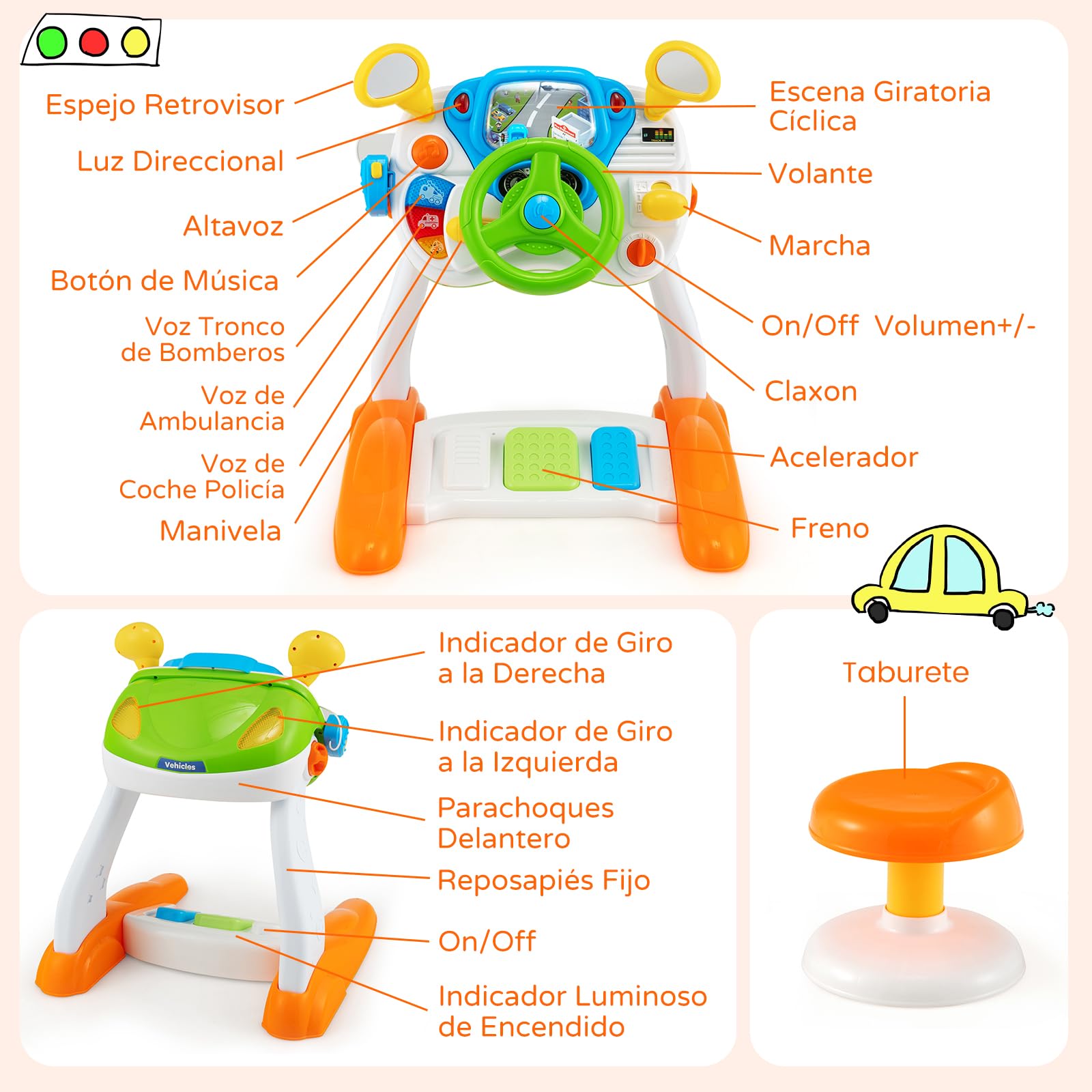 RELAX4LIFE Volante Juguete con Pantalla, Taburete, Efectos Luz y Sonido, Música, Claxon, Pedales y Intercomunicador, Volante Niños de ABS con Velocidad Ajustable, Juguete para Niños 3+ Años, Colorido