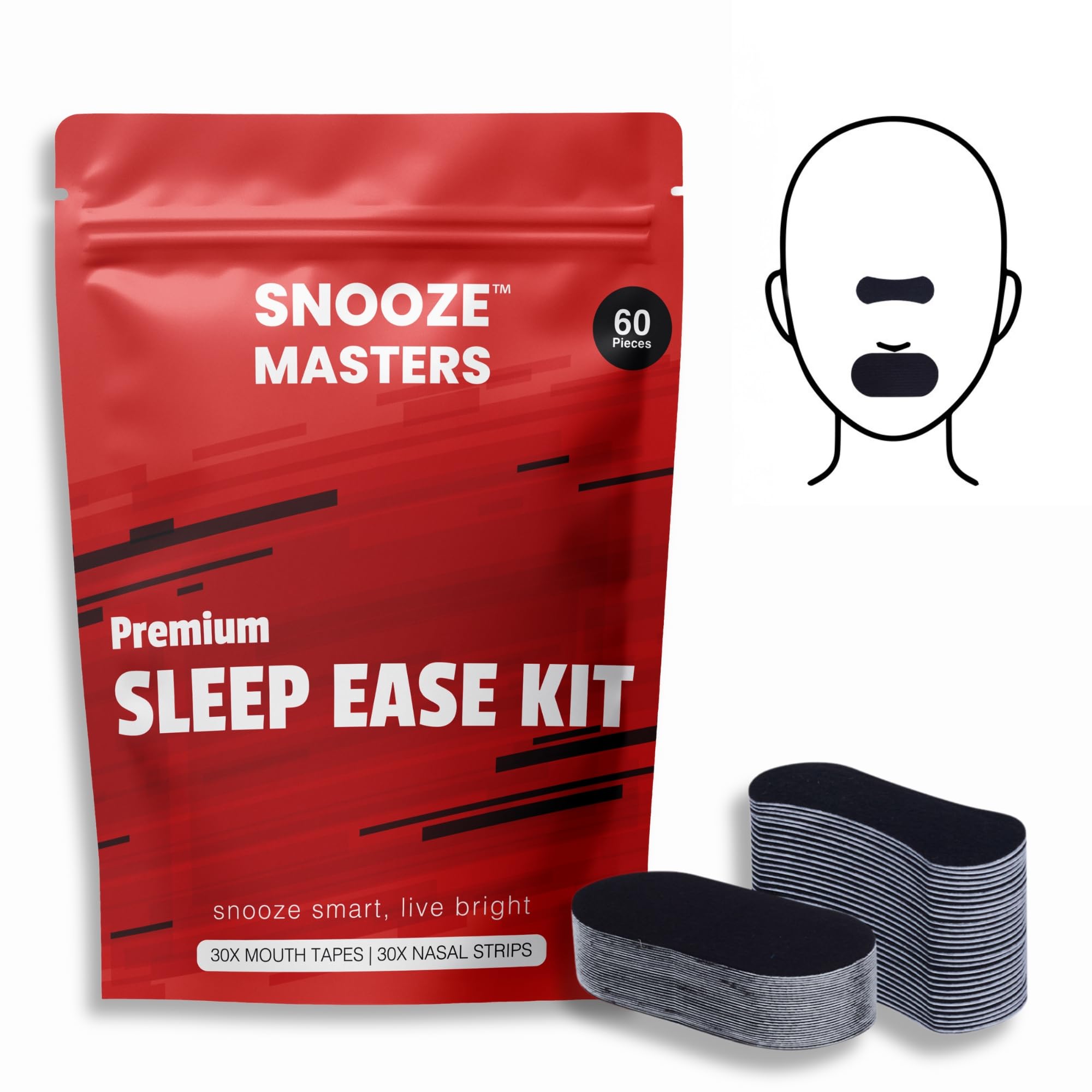 Snooze Masters Premium Snore Strips Kit - 60 Pieces: 30 Nose Strips and 30 Mouth Tape for Sleeping and Improved Breathing, Hypoallergenic Anti Snoring Solution - Mouth and Nose Tape to Reduce Snoring