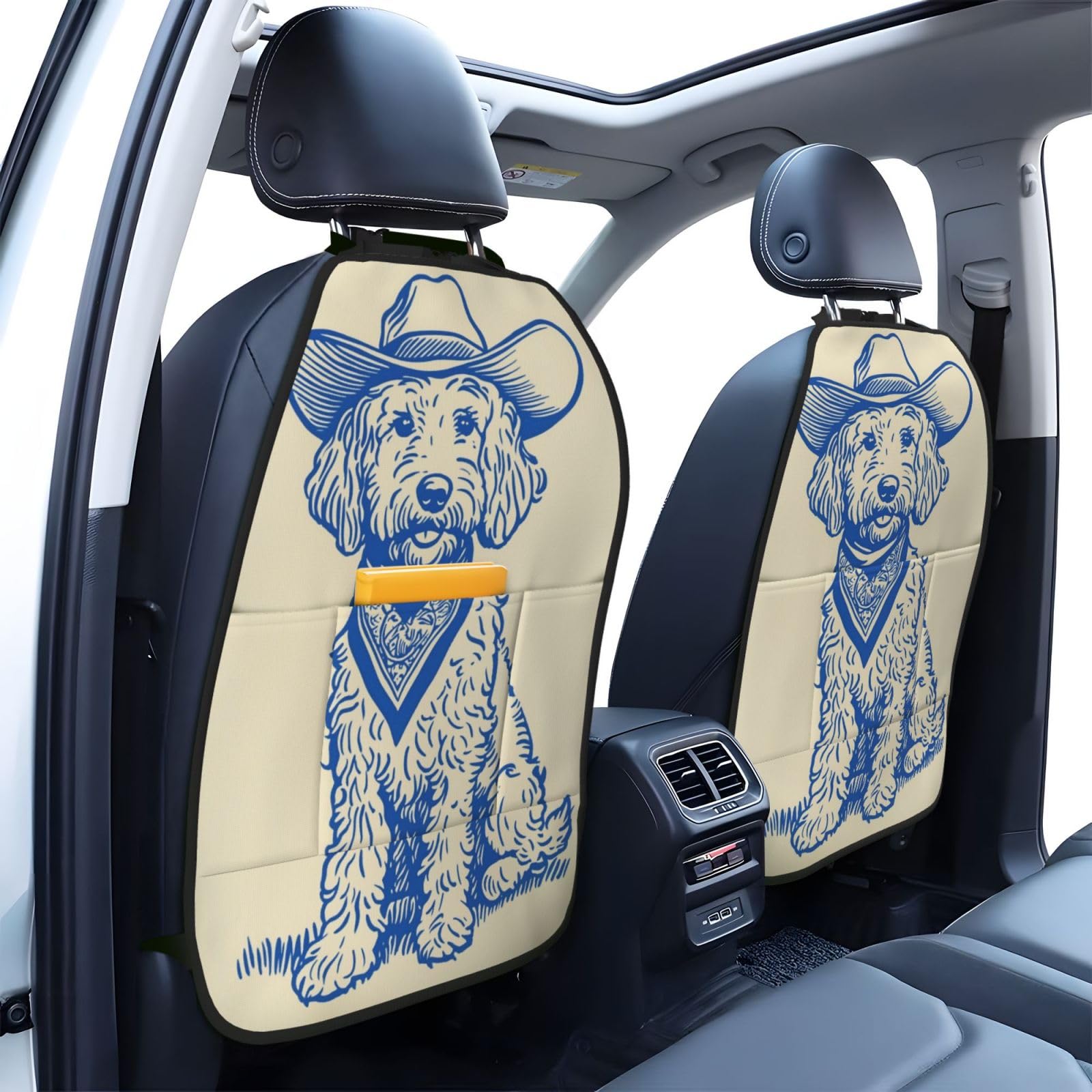 Goldendoodle With Cowboy Hat Simple Car Seat Back Kick Protectors,2 Pack Kick Mats With Storage Pockets For Vehicles To Protect From Dirt Mud Scratches