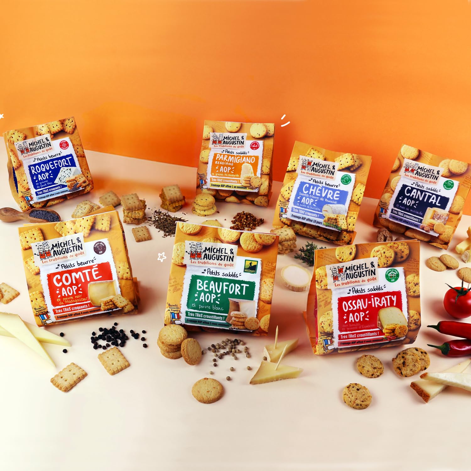 Michel & Augustin – Petits Beurre Salés au Roquefort AOP et Graines de Pavot Bleu – Biscuits Apéritifs Gourmands – Fabriqués en France – 100g x 8