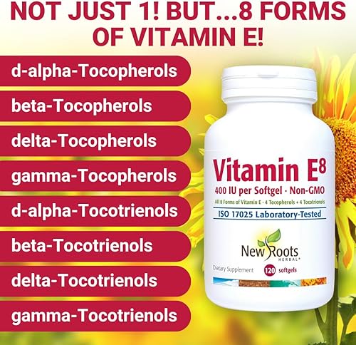 Miniatura 5 de NEW ROOTS HERBAL Cápsulas de vitamina E de 400 UI | Suplemento de vitamina E8 (120 cápsulas blandas) con los 8 tipos de vitamina E | 4 tocoferoles y