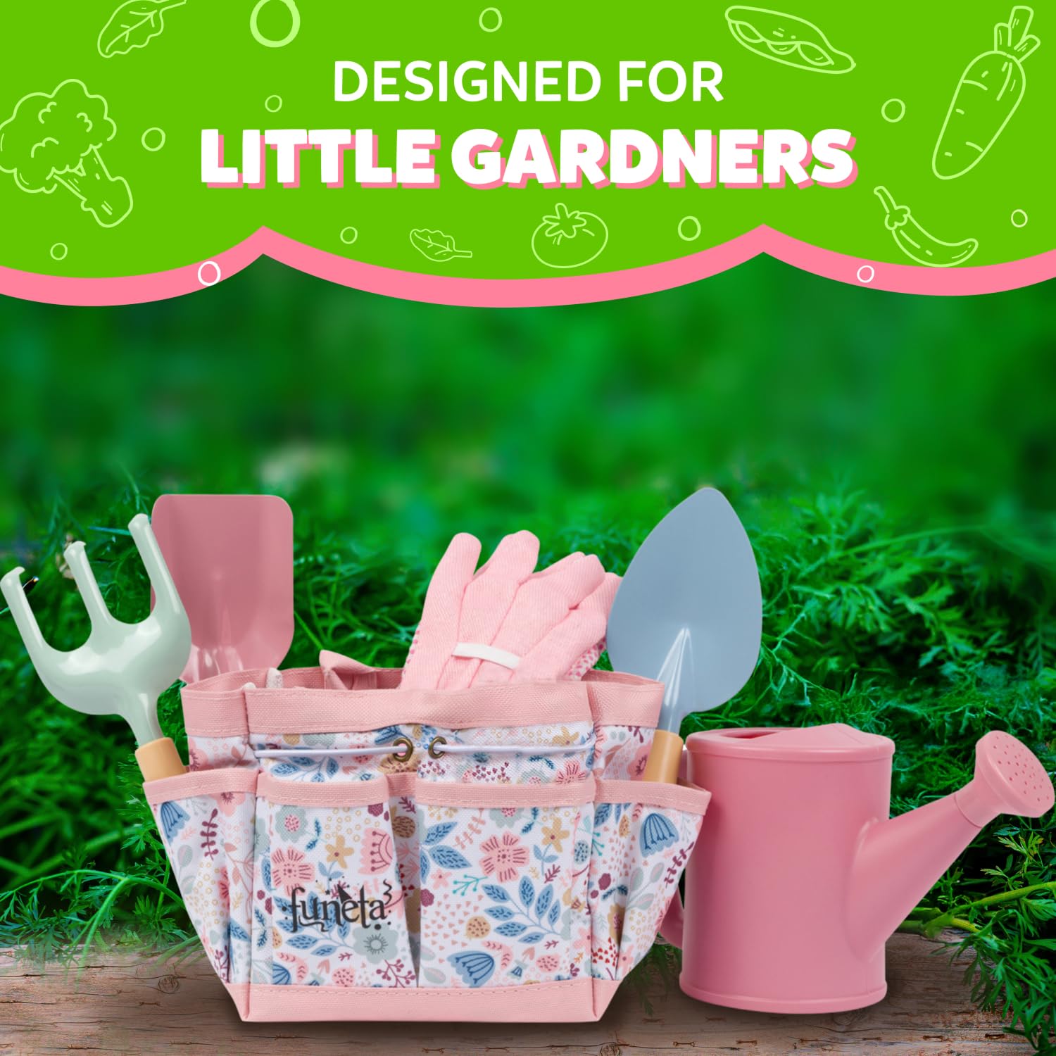Funeta Floral Kids Gardening Set - Toddler Garden Tools, No-Leak Watering Can & Quality Tote Bag - Safe Metal Tools for Kids - Image 3