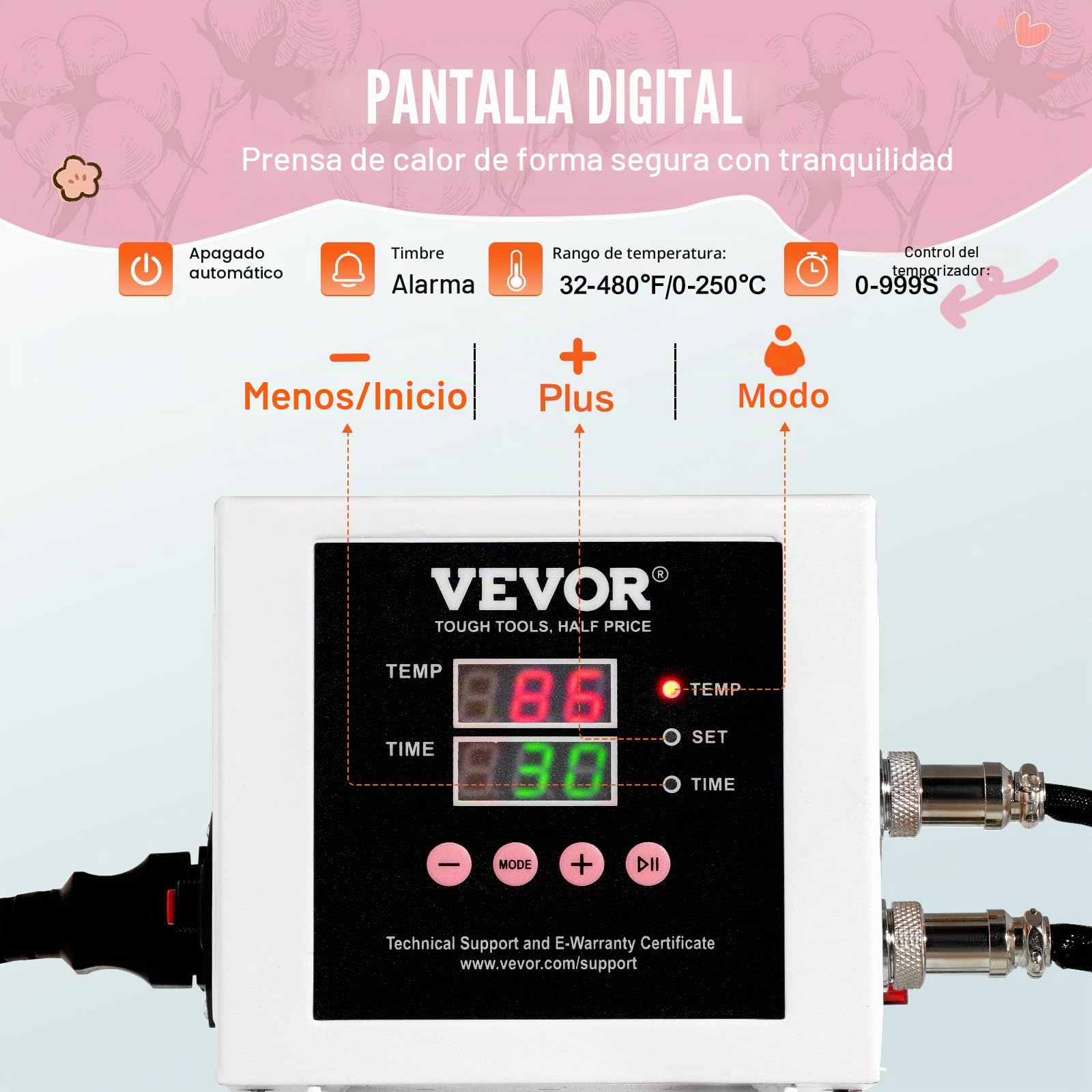 VEVOR Prensa Térmica Deslizable Máquina de Prensa Térmica Digital de 380 x 380 mm con Algodón Aislante de 2 Capas Máquina de Transferencia de Calor para Camisetas, Tazas, Almohadas y Bolsas, Rosa