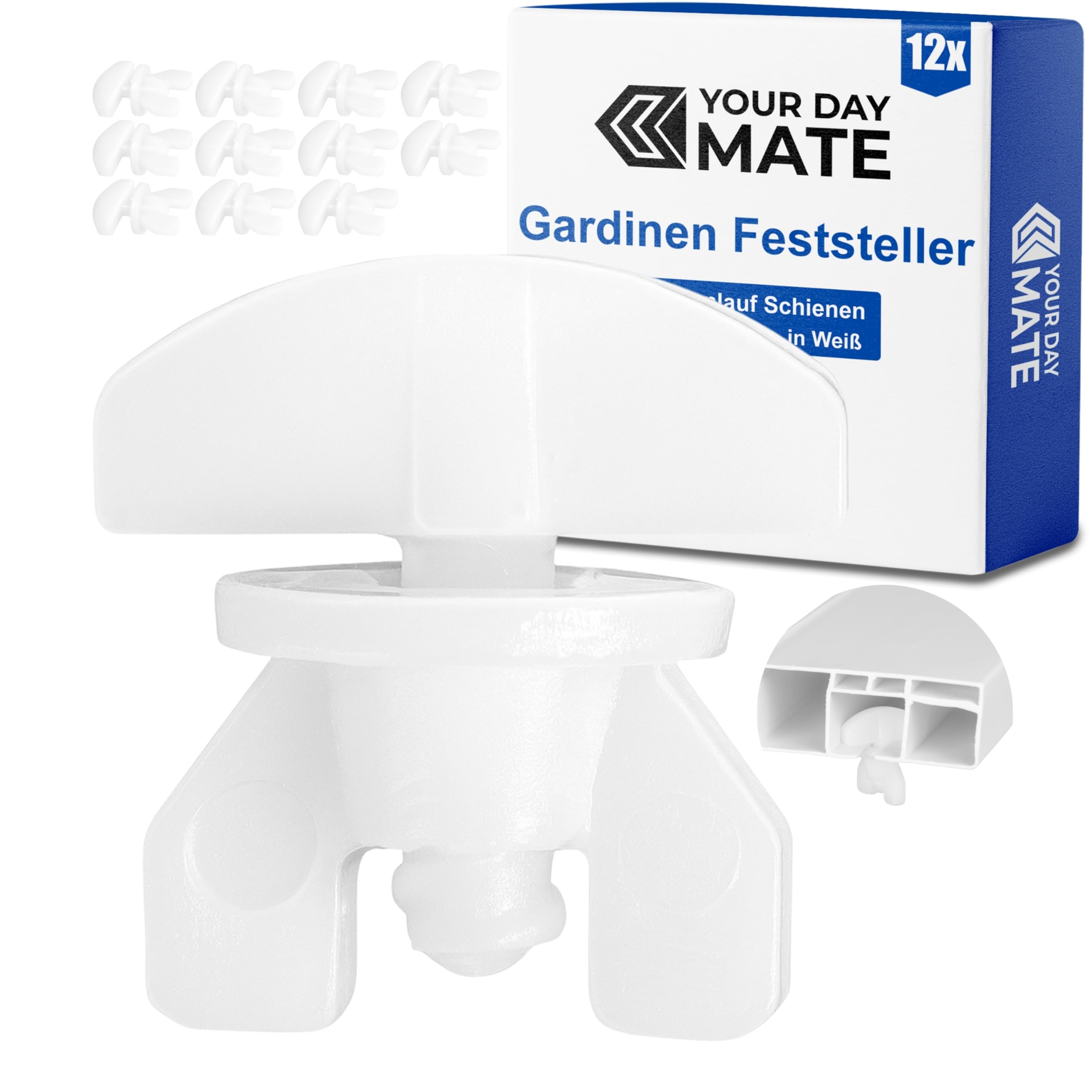 Gardinen Feststeller, 12 Stück, in Weiß, aus Kunststoff, für min. 10 x 6 mm Laufkammern, Stopper für Schienensysteme mit Innenläufen, Zwischenfeststeller, Endstopfen, Endfeststeller Gardinenschiene