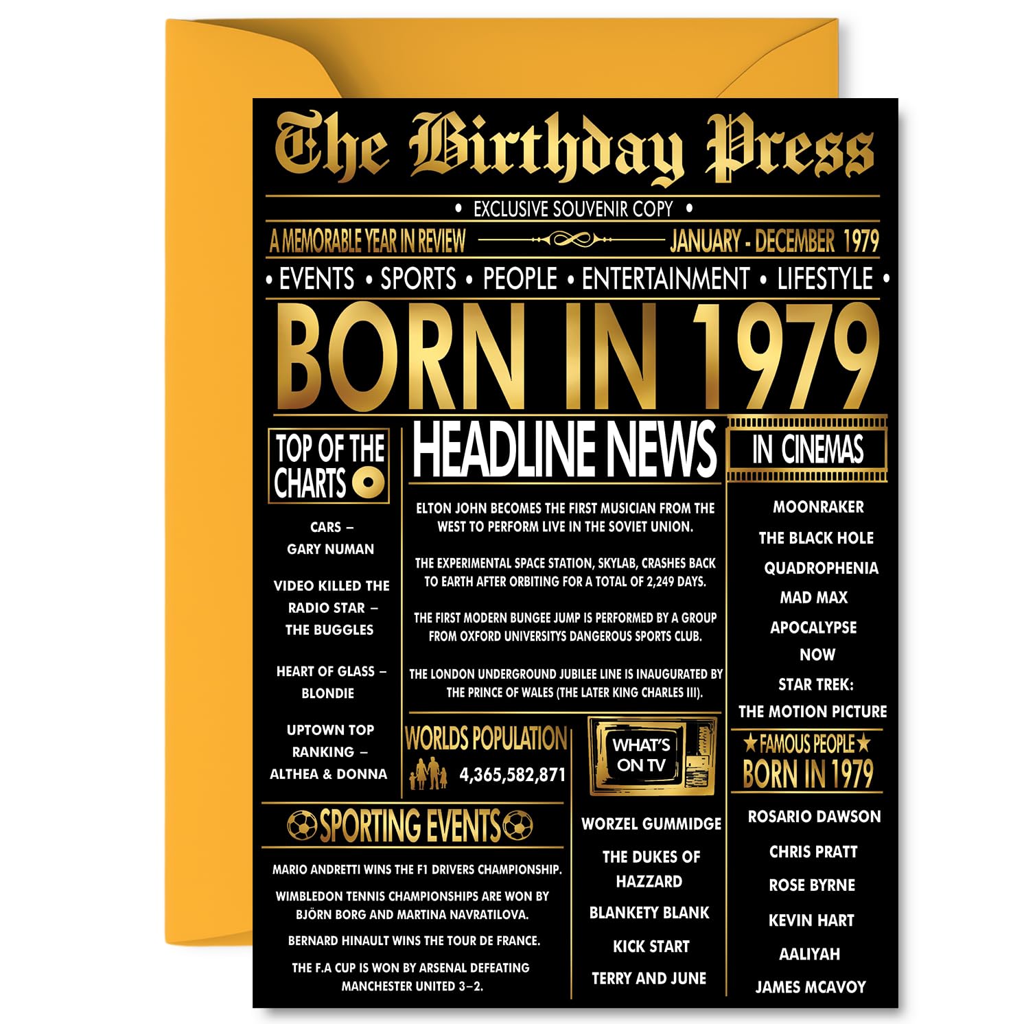 Gold 47th Birthday Card for Men Women - Black & Golden Newspaper Born in 1979 - Happy 47 Birthday Cards for Niece Neighbour Colleague Friend Daughter Uncle, A5 Bday Greeting Cards