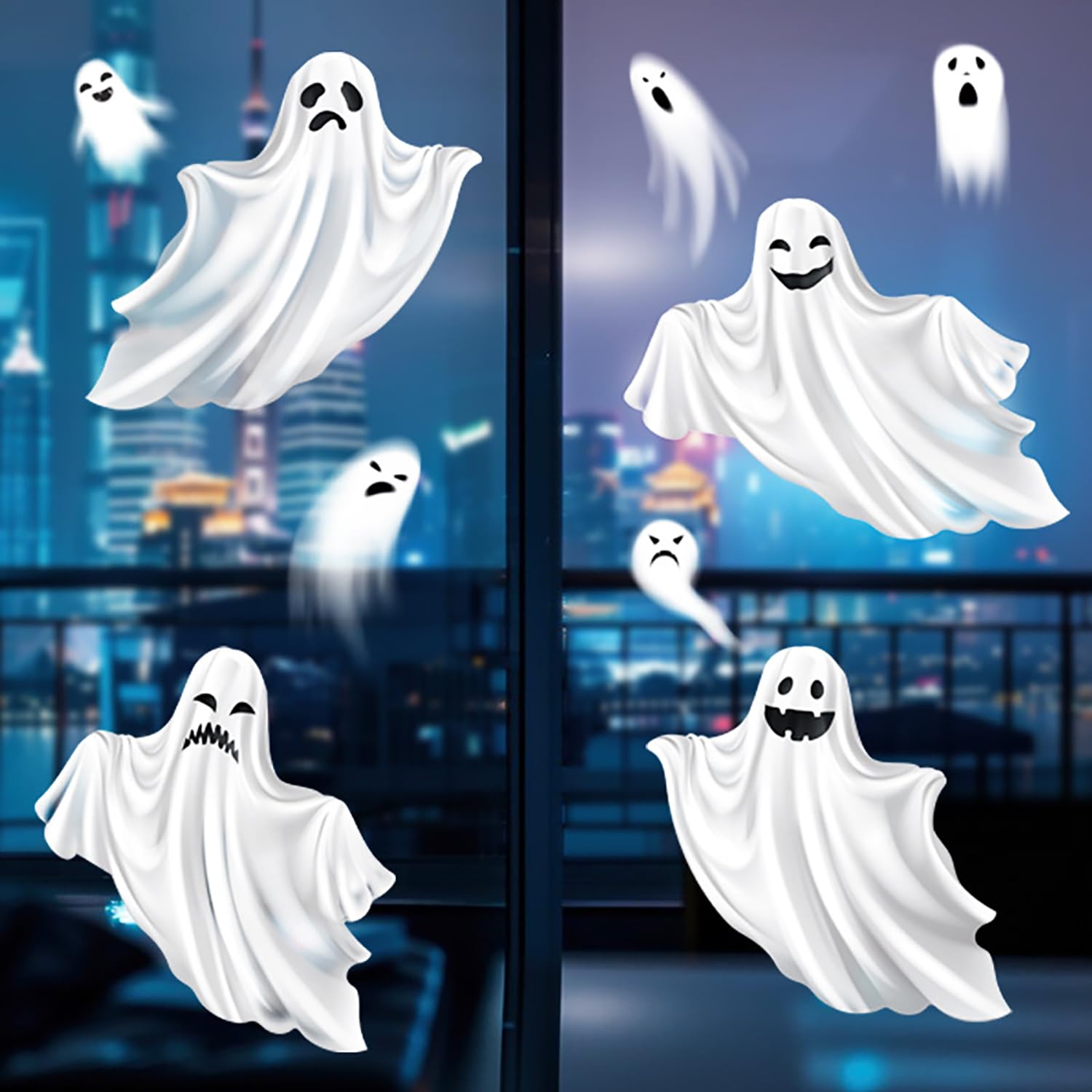White Ghost Window Clings - Double Sided Static Clings for Glass Decor & Halloween Party Supplies