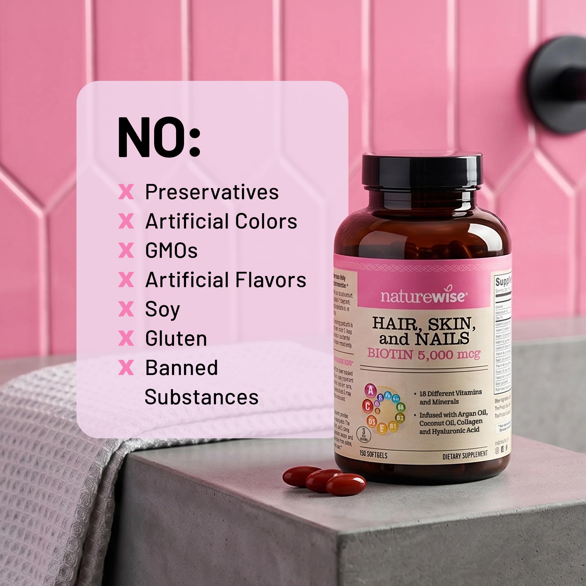 NatureWise Hair Skin and Nails Vitamin, Biotin 5000mcg w/Hyaluronic Acid, Collagen for Women with C, B Complex, D3, A, E, Iron - Non-GMO, Gluten Free - 150 Softgels[50-Day Supply] — Amazon image 8