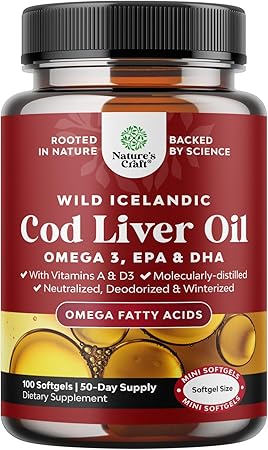 Icelandic Wild Caught Cod Liver Oil Softgels - Fish Omega 3, EPA, DHA, Vitamin D & A, 1000mg Per Serving - Burpless Capsules for Heart, Joint, Brain & Immune Support - 100 Count