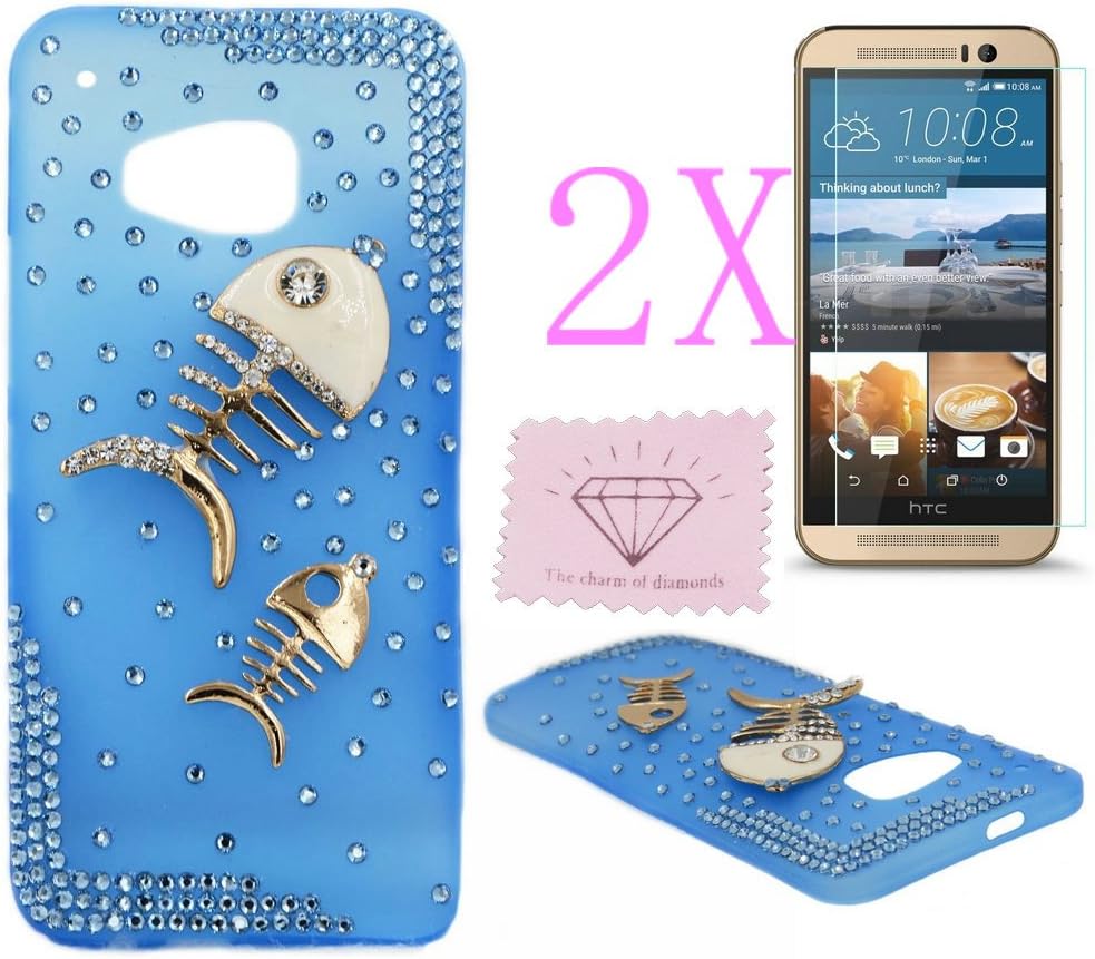 M9 Rhinestone Case, Charm Of Diamonds Gorgeous Unique 3D DIY Phone Cover For HTC One M9 Handmade Crystal Bling Case Protective Back Skin (Frosted Translucent Blue) +2 X Screen Protector +Clean Cloth