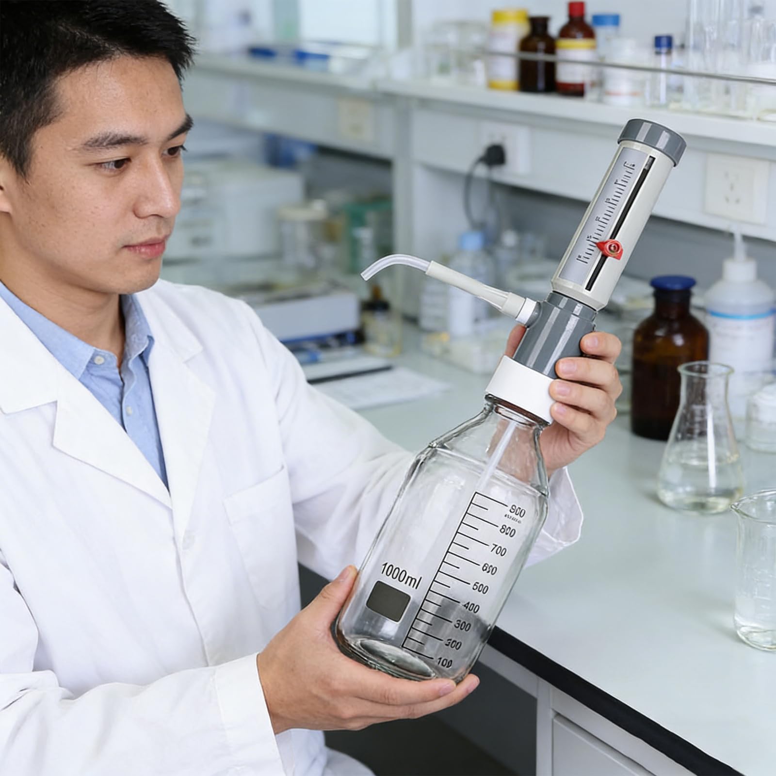 Dispensador automático de pipetas con escala de capacidad ajustable, diseño sin goteo para una dispensación precisa y eficiente de líquidos, ideal para ácidos y reactivos